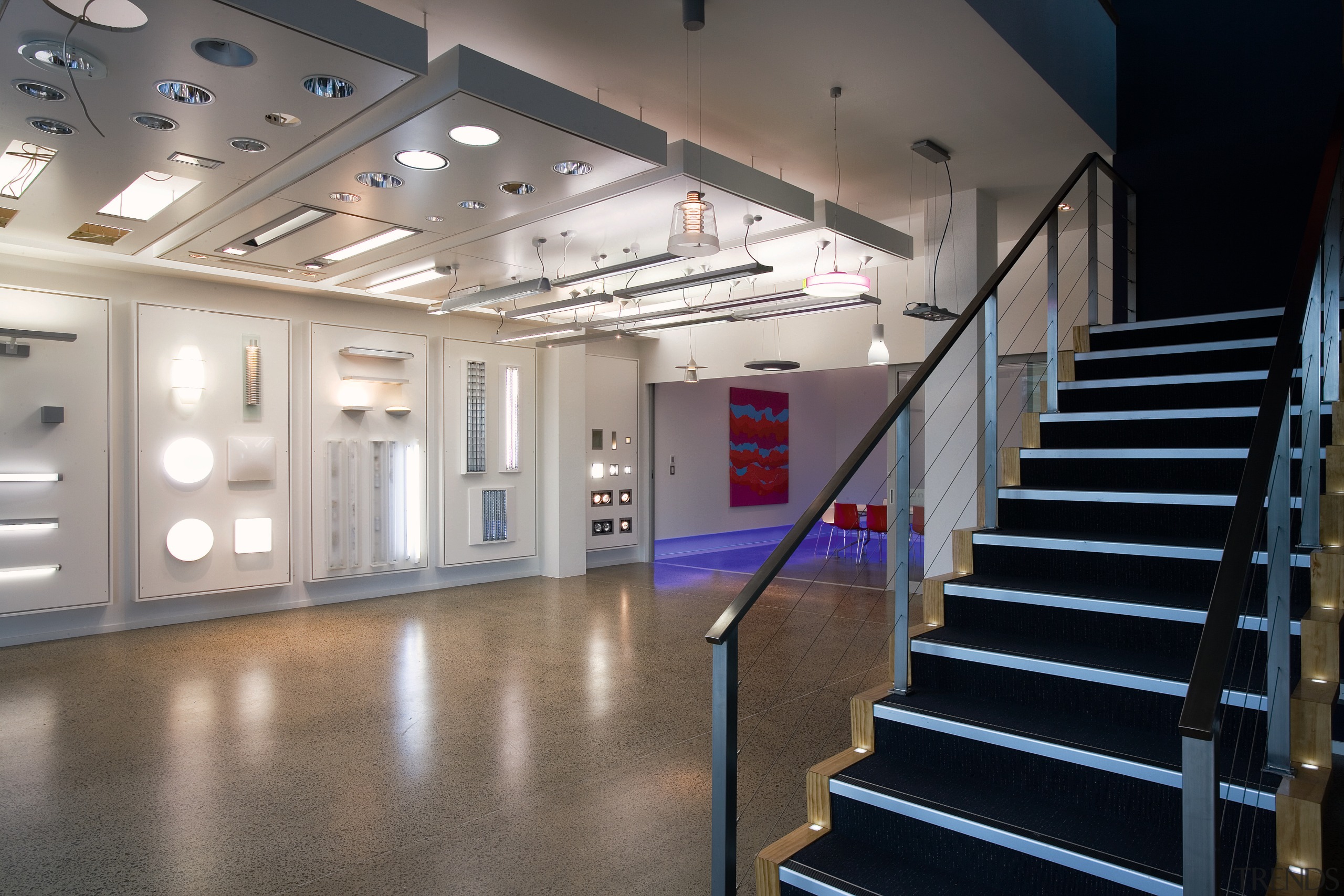 A view of the Concept Lighting showroom. - ceiling, daylighting, floor, flooring, handrail, interior design, lobby, stairs, structure, gray, black