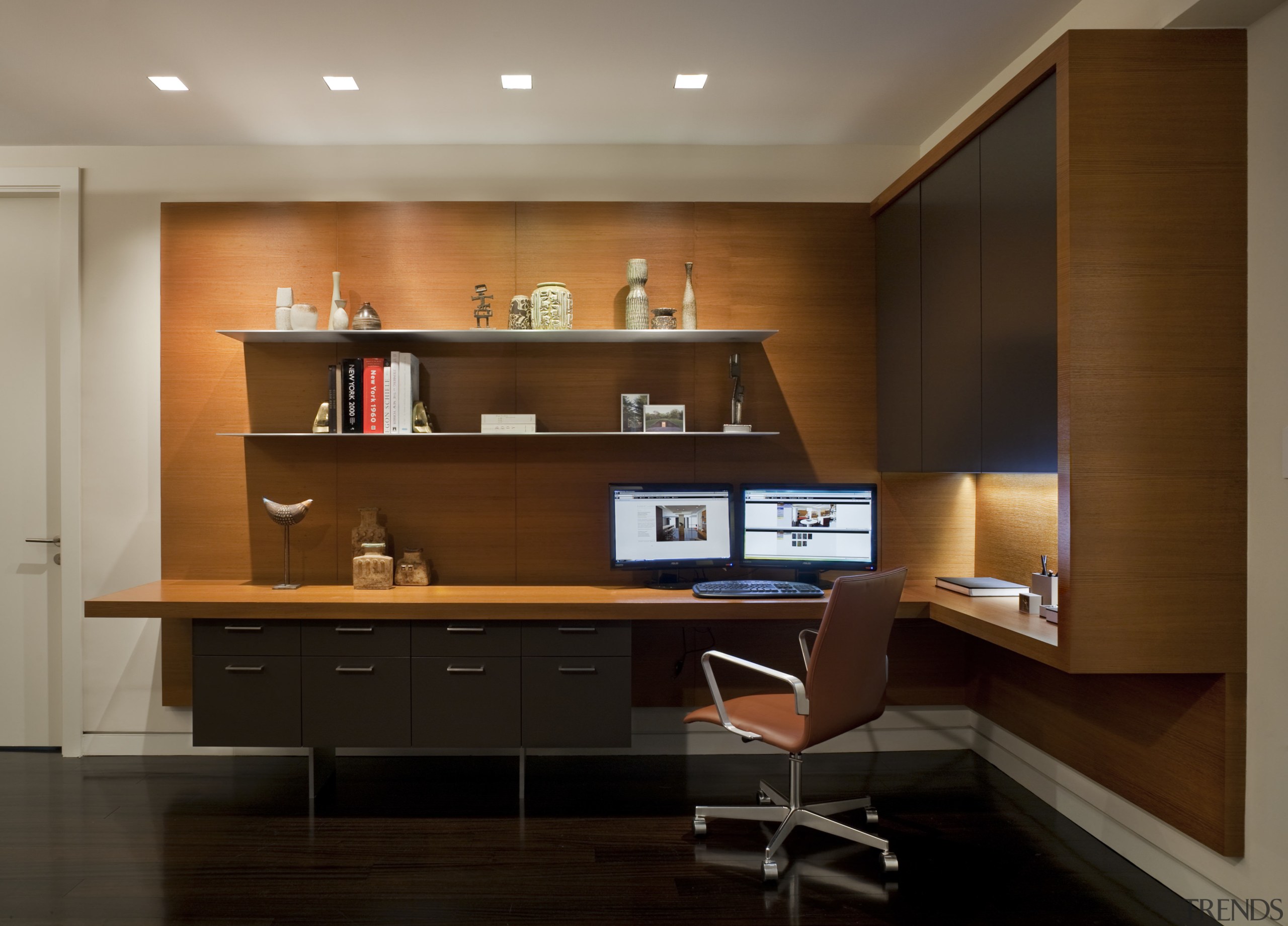 Contemporary apartment interiors dont have to be crisp, cabinetry, desk, furniture, interior design, office, shelf, shelving, wall, brown