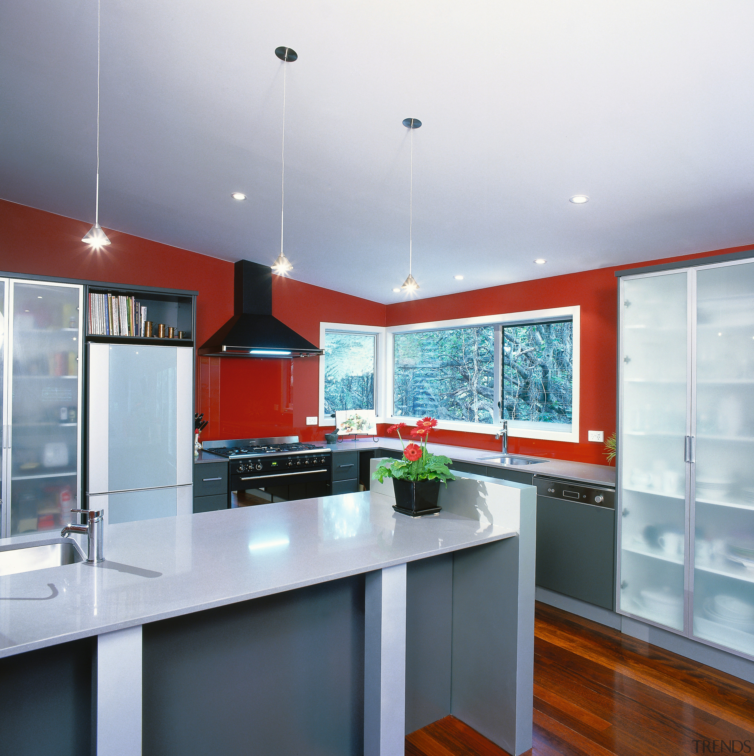 Kitchen with grey coloured cabinetry, lighter grey benchtops, cabinetry, ceiling, countertop, interior design, kitchen, real estate, gray