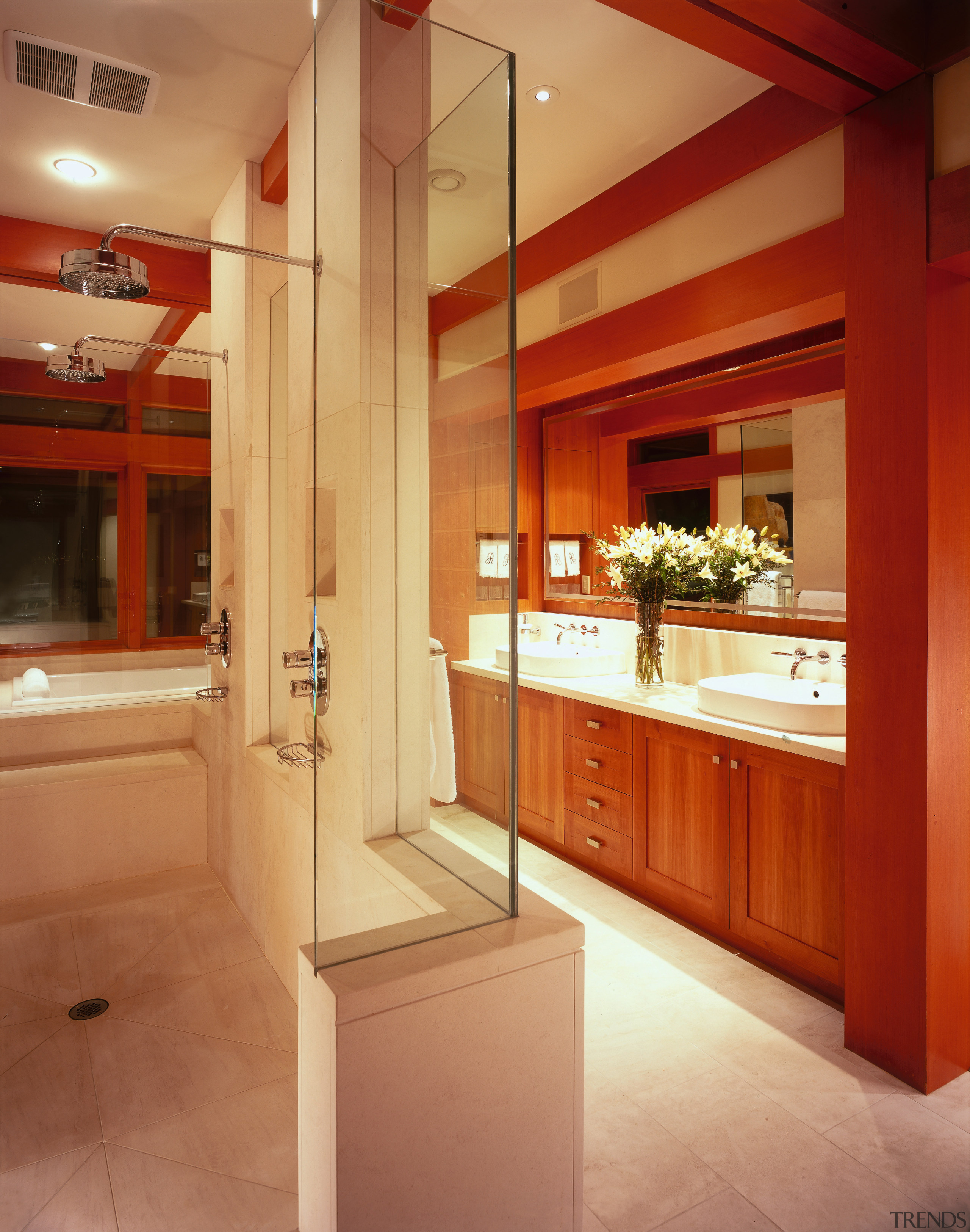 view of this bathroom featuring cherry wood vanity/cabinetry, cabinetry, ceiling, countertop, cuisine classique, interior design, kitchen, real estate, room, orange, red