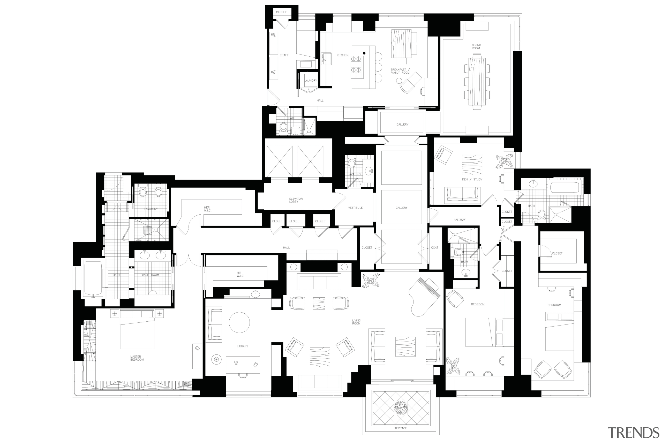 View of architectural plans. - View of architectural architecture, area, black and white, design, drawing, elevation, floor plan, font, line, monochrome, pattern, plan, product design, schematic, square, structure, text, white