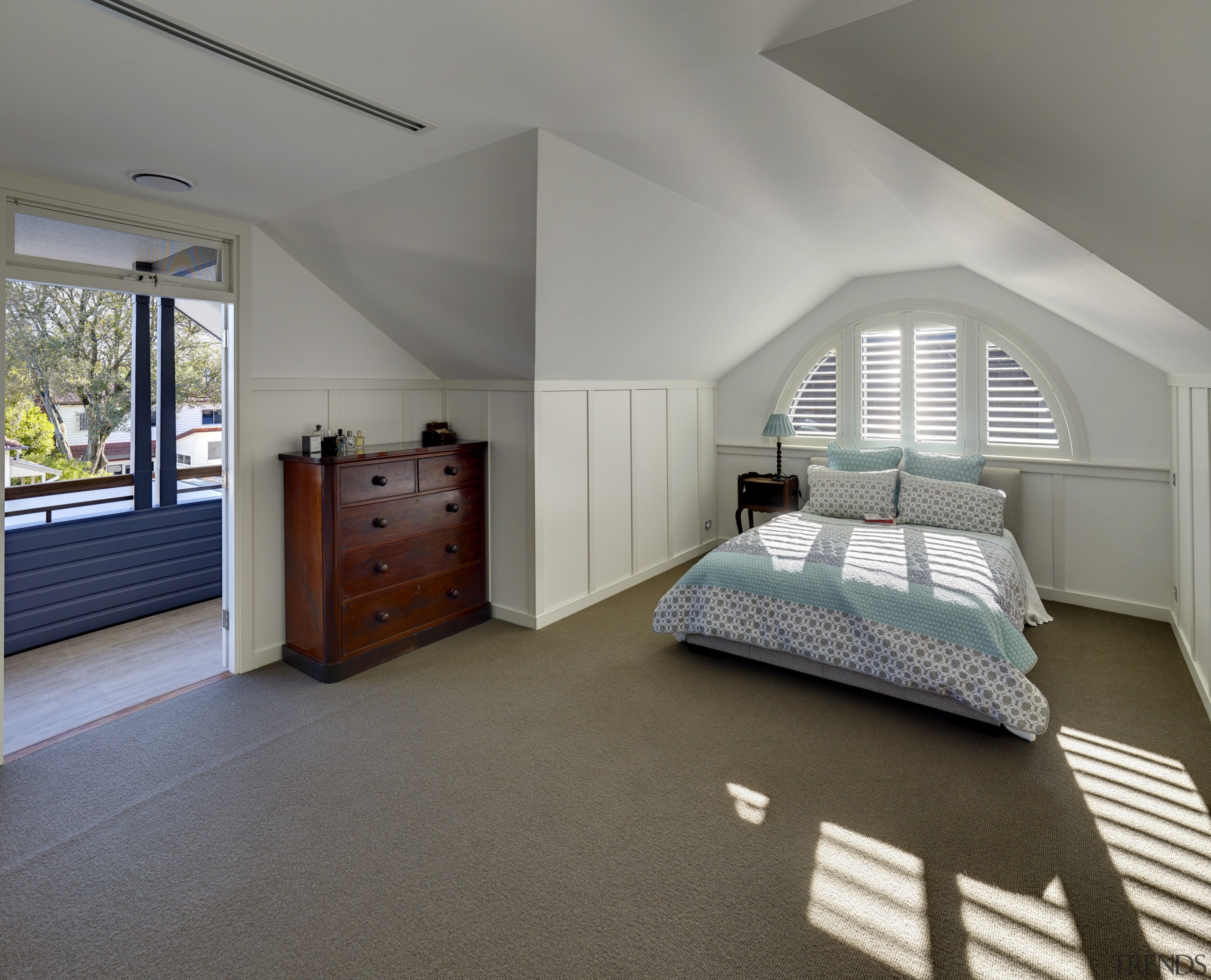 An upstairs bedroom is tucked into one of architecture, bed frame, bedroom, ceiling, daylighting, estate, floor, flooring, home, interior design, real estate, room, gray