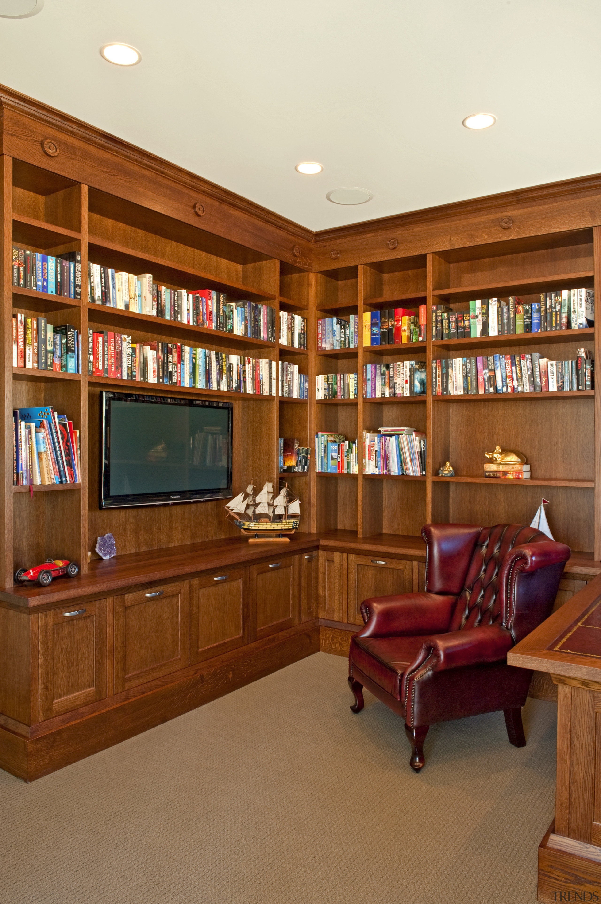 Fyfe Kitchens also designed and manufactured a library bookcase, cabinetry, furniture, home, interior design, living room, room, shelving, brown