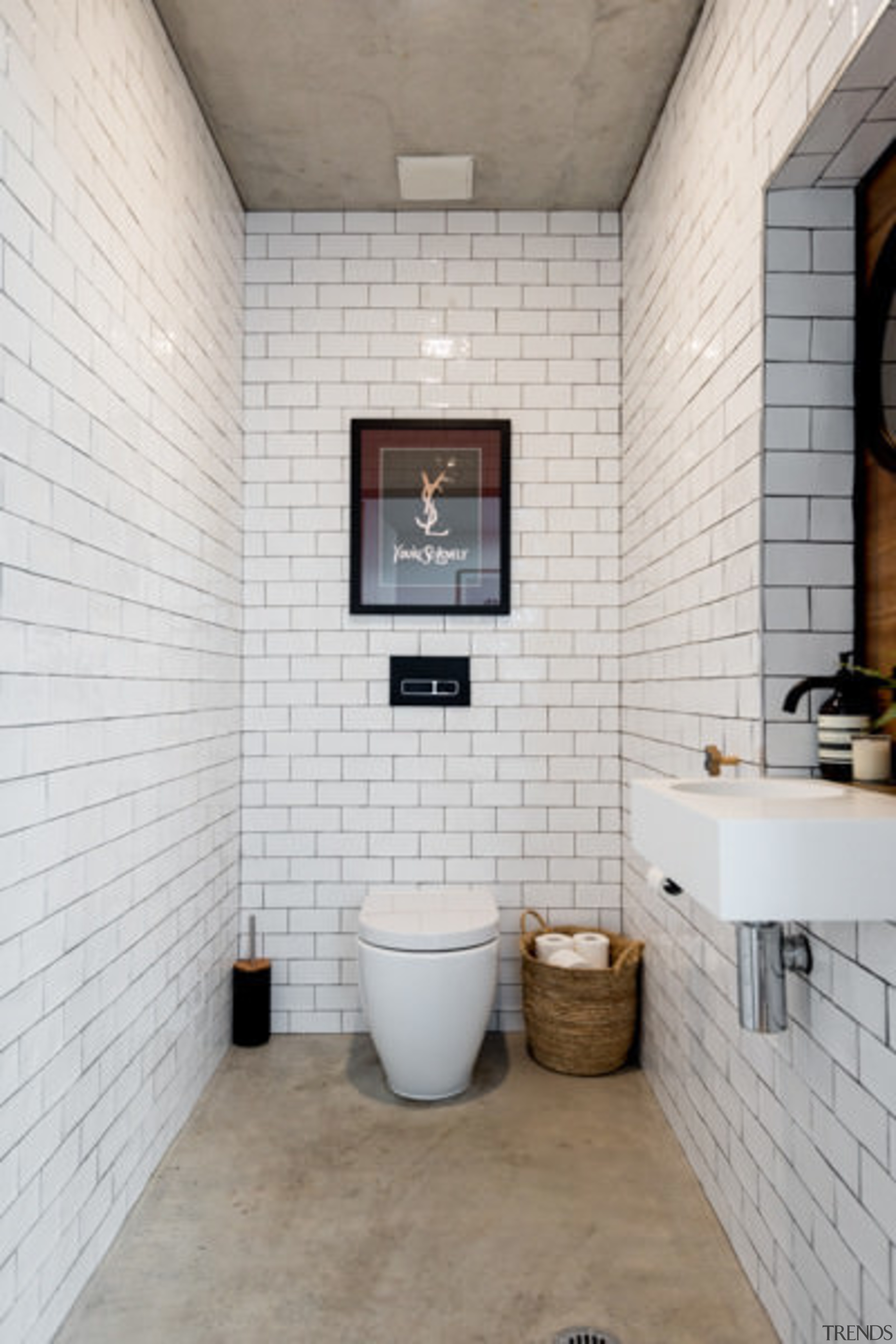 This tiled bathroom keeps things clean - This bathroom, floor, flooring, interior design, plumbing fixture, room, tile, wall, white, gray