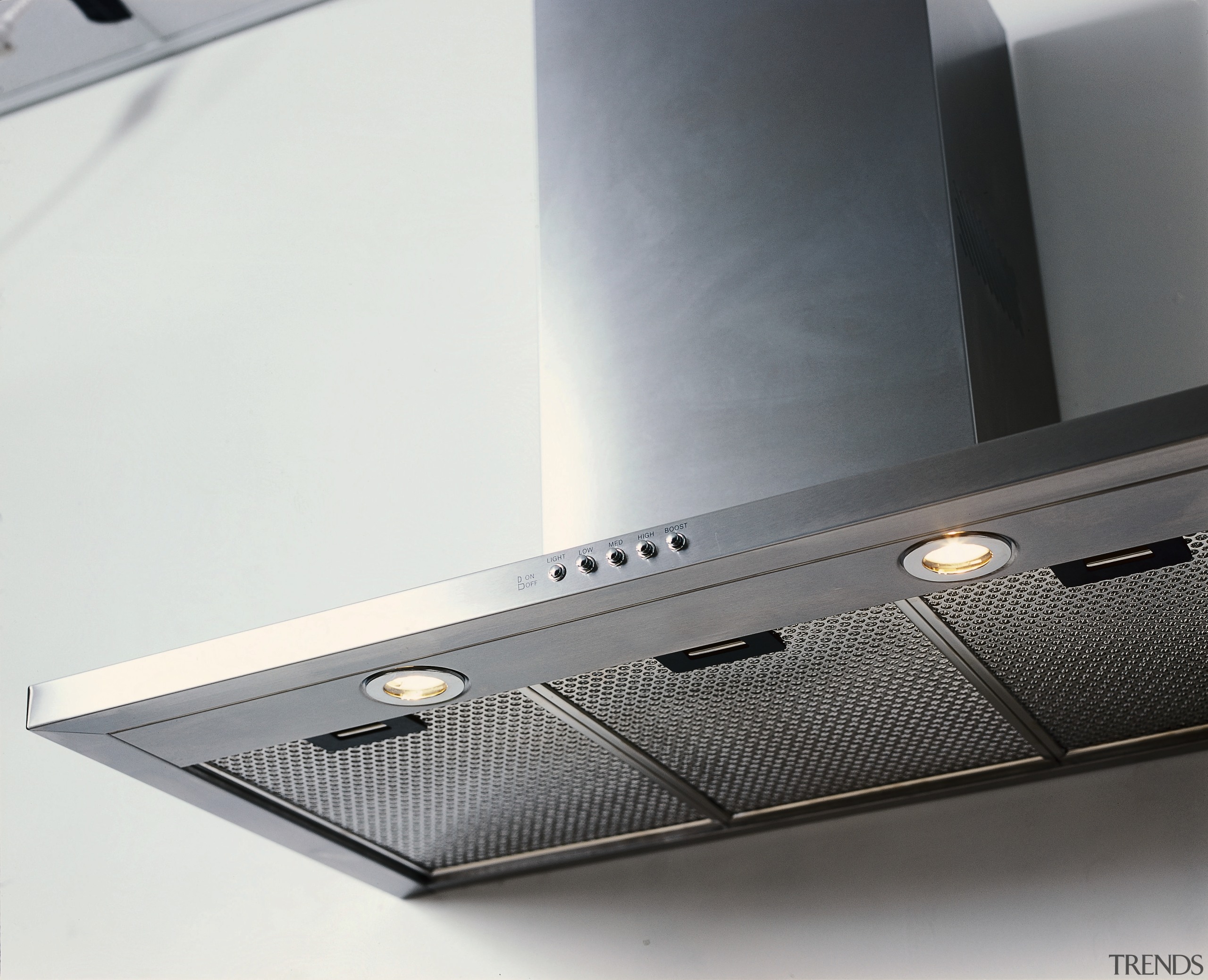 Slimline rangehood with front controls and stainless steel product design, white, gray