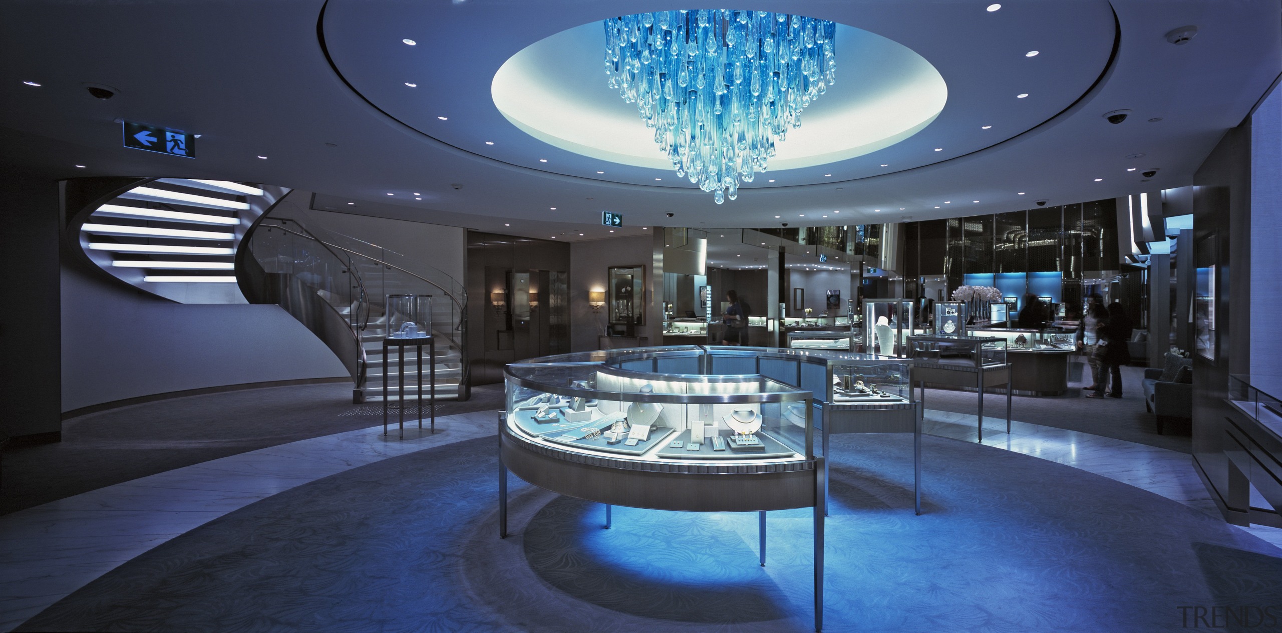 Here is a view of Glasshape's curved glass architecture, ceiling, interior design, lighting, lobby, blue