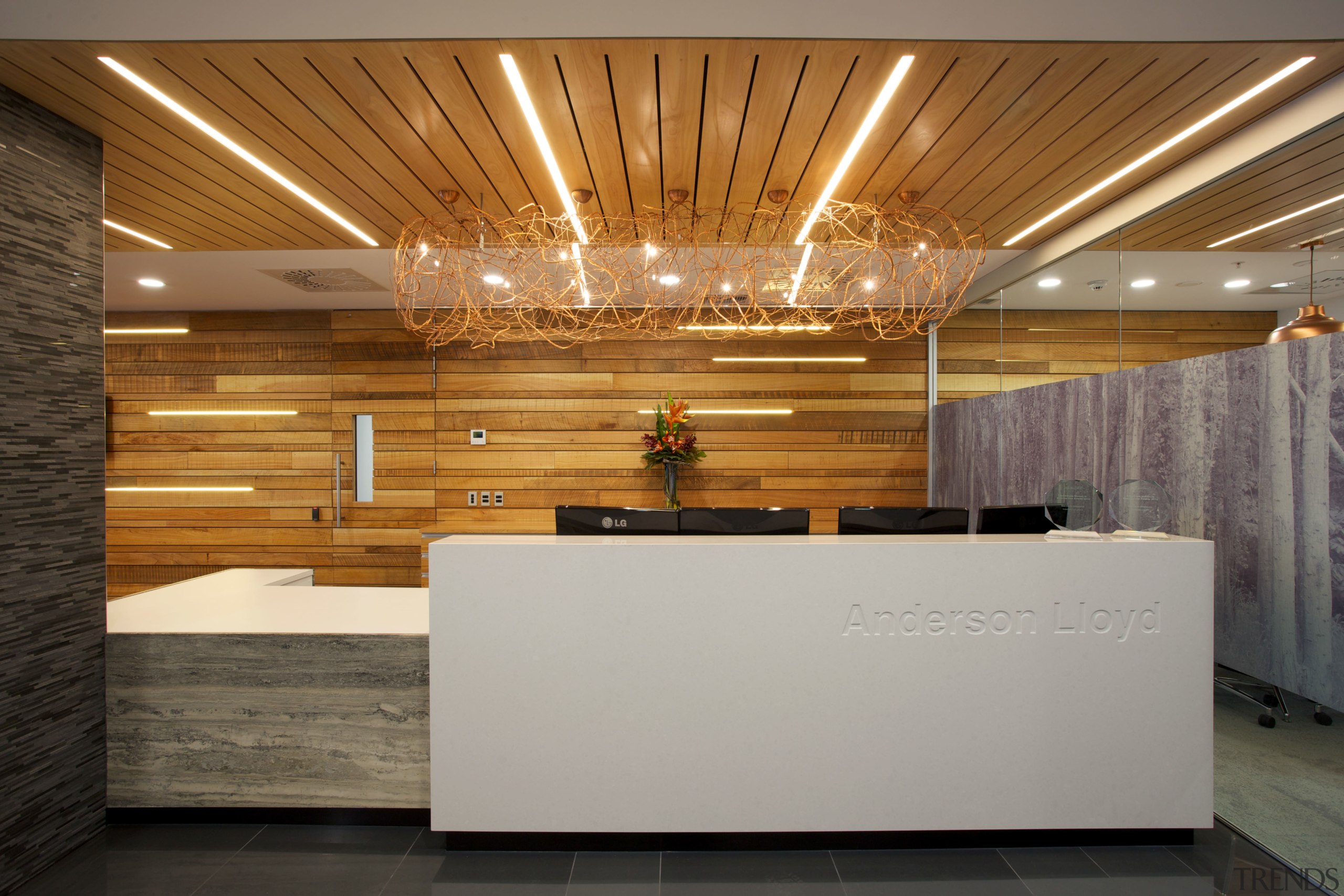 A timber batten ceiling conceals services in the architecture, ceiling, floor, flooring, interior design, lobby, wood, gray, brown