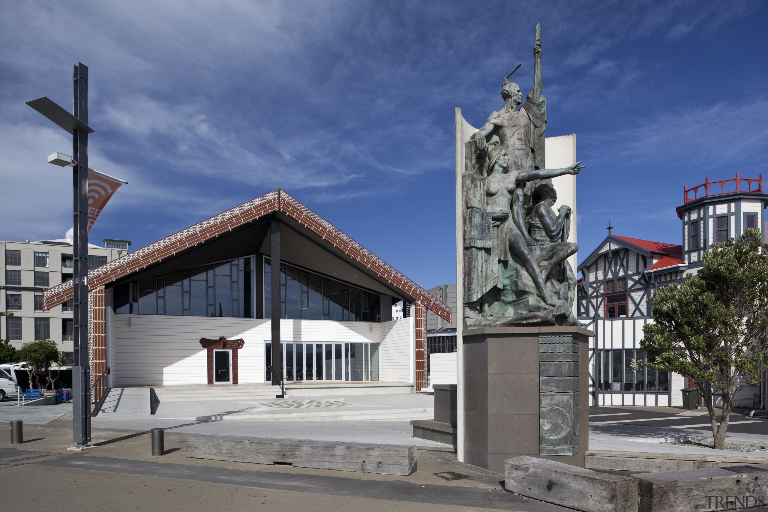 View of the Wharewaka building on the Wellington building, monument, sky, blue, gray