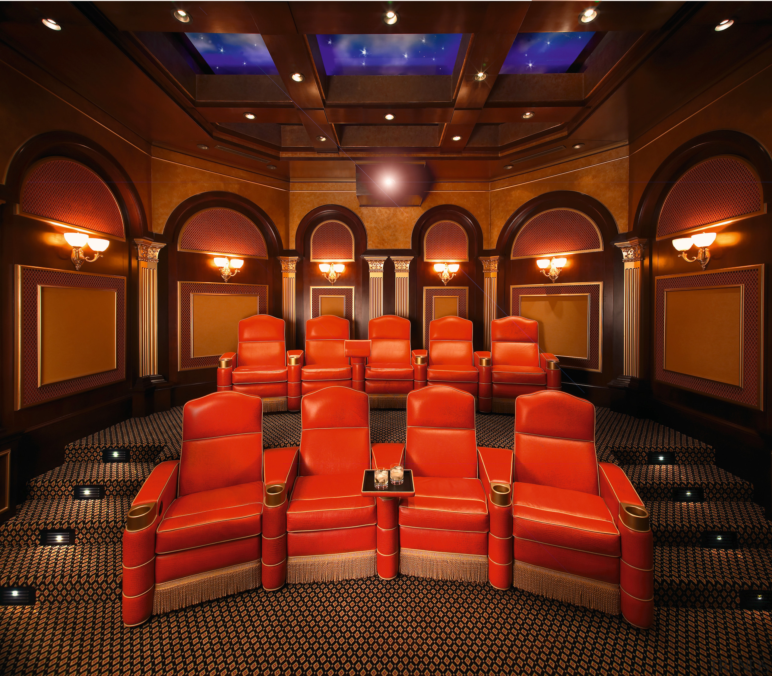 view of this custom home theatre built by auditorium, conference hall, entertainment, function hall, interior design, movie theater, performing arts center, theatre, red