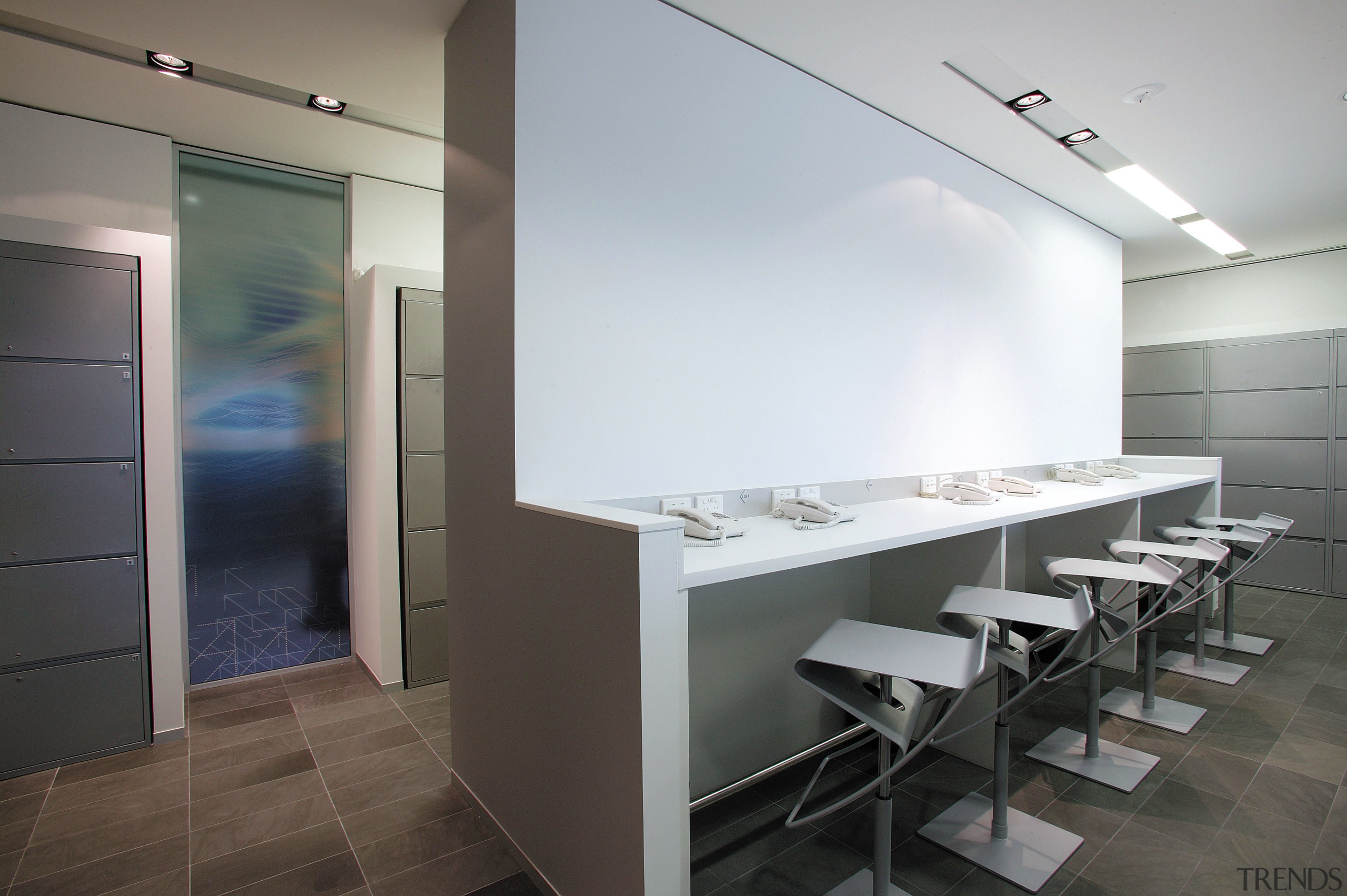 view of the touchdown soace, and aluminium lockers architecture, floor, interior design, gray, white, black