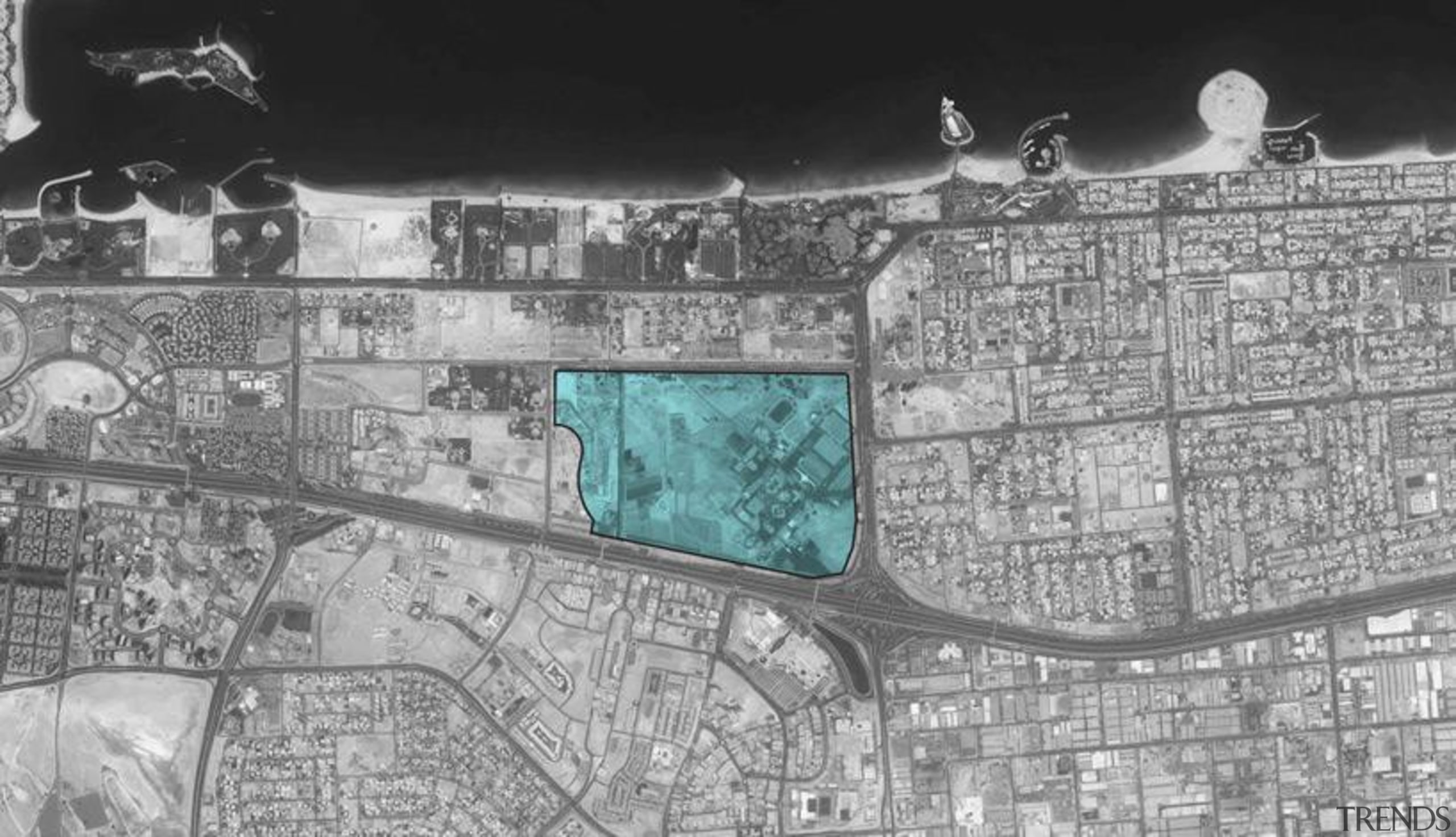 Although titled 'Mall of The World' this 48 aerial photography, black and white, monochrome, monochrome photography, photography, structure, urban design, water, gray