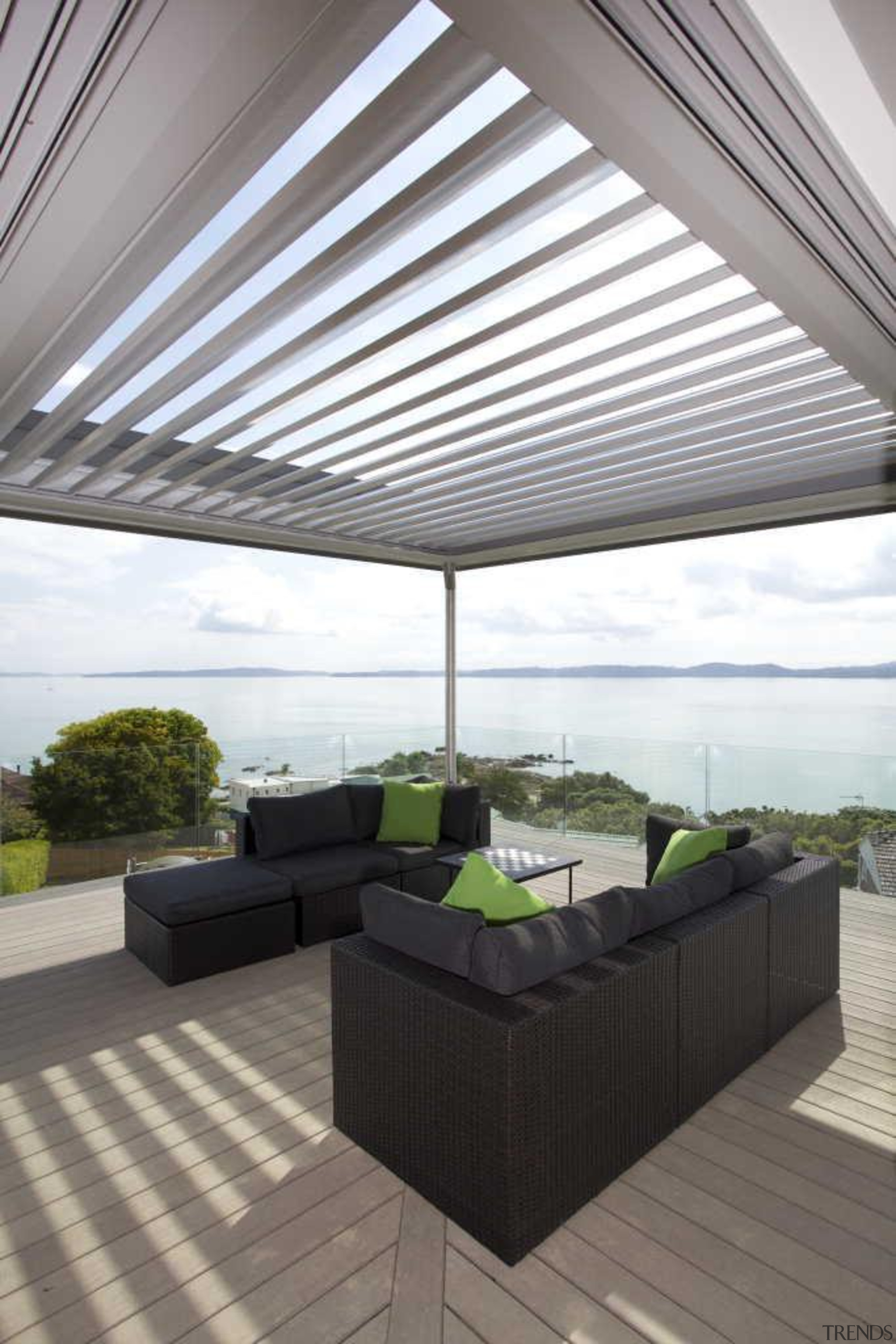 Deck covered with roller shade - Deck-Terrace - daylighting, interior design, outdoor structure, real estate, roof, shade, gray, white