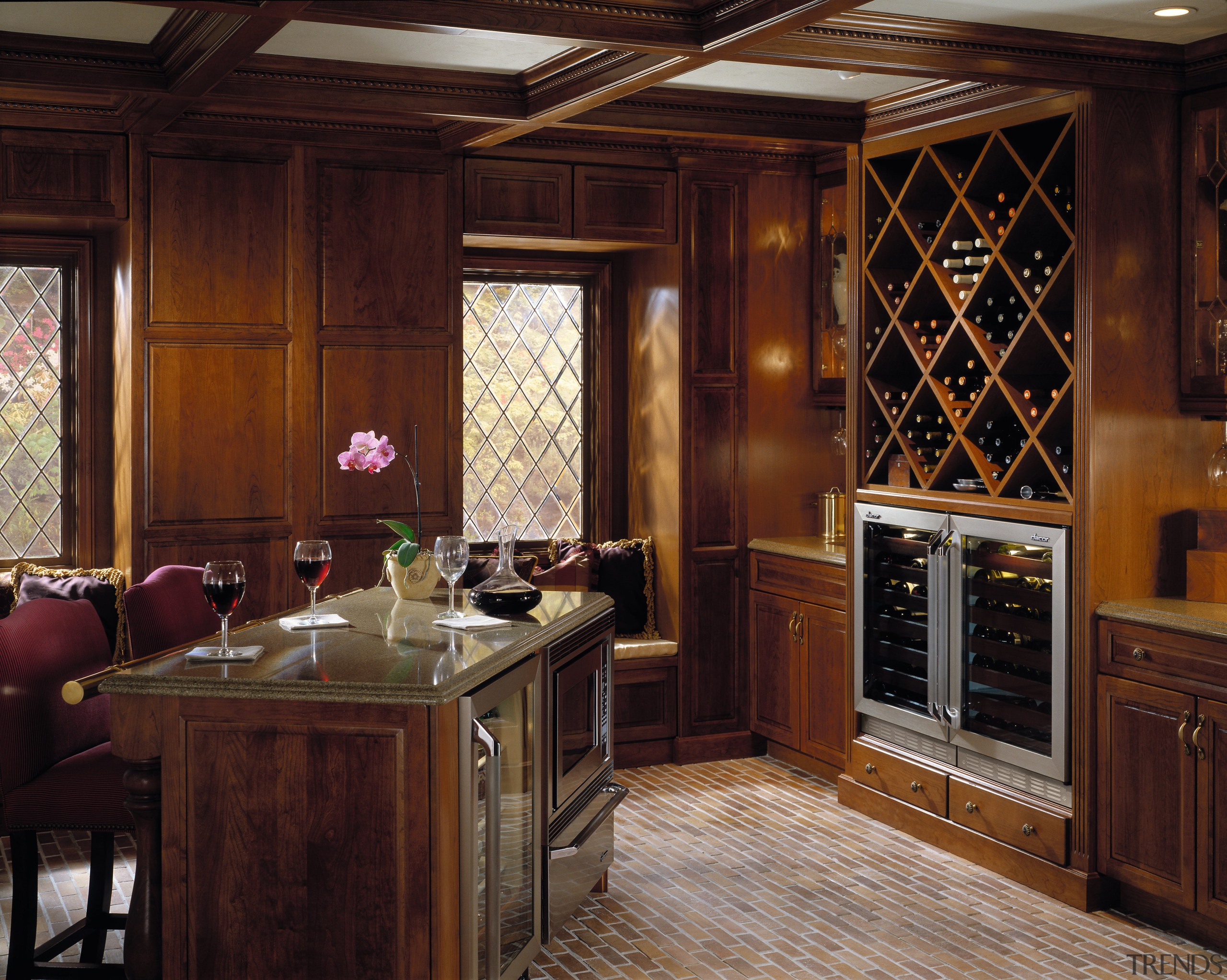 Close up view of the wine cooler, wooden cabinetry, countertop, cuisine classique, interior design, kitchen, room, window, wood, red, brown