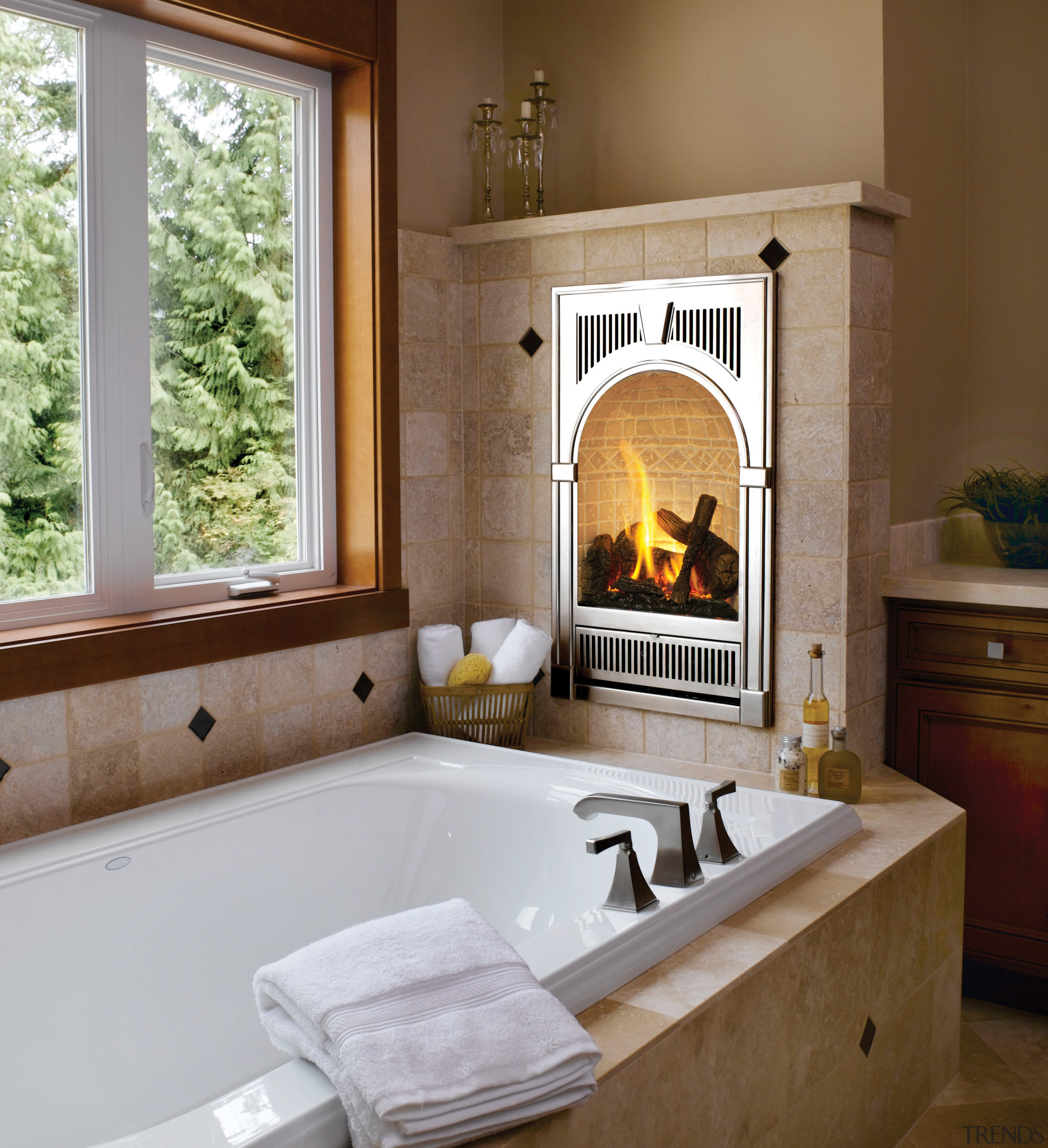 Image of bath tub which features Bed &amp; fireplace, hearth, home, interior design, living room, room, window, wood burning stove, brown, gray