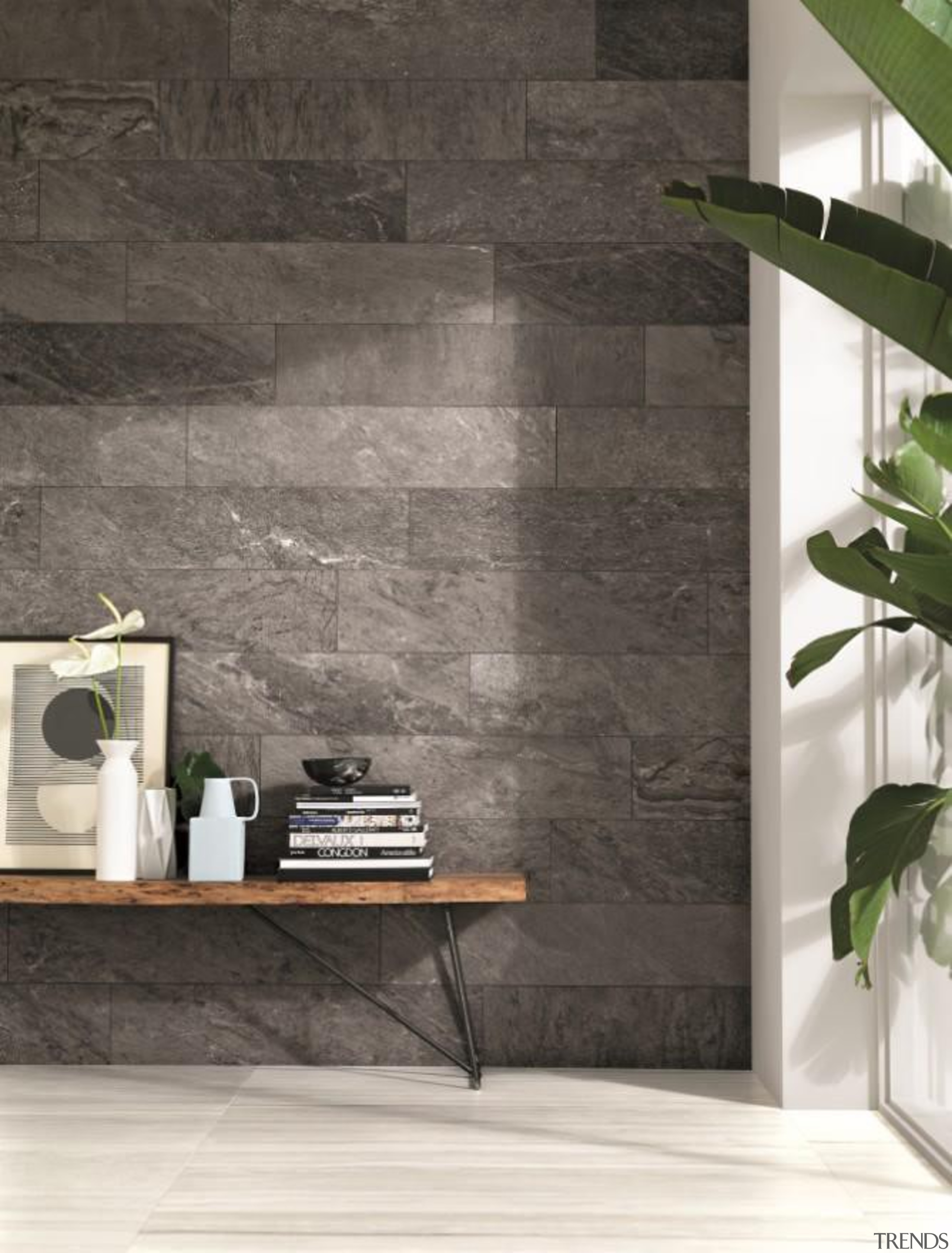 Striato White 450x900mm floor tile and Quartzite Grey floor, flooring, interior design, shelf, tap, tile, wall, wood, gray, black, white