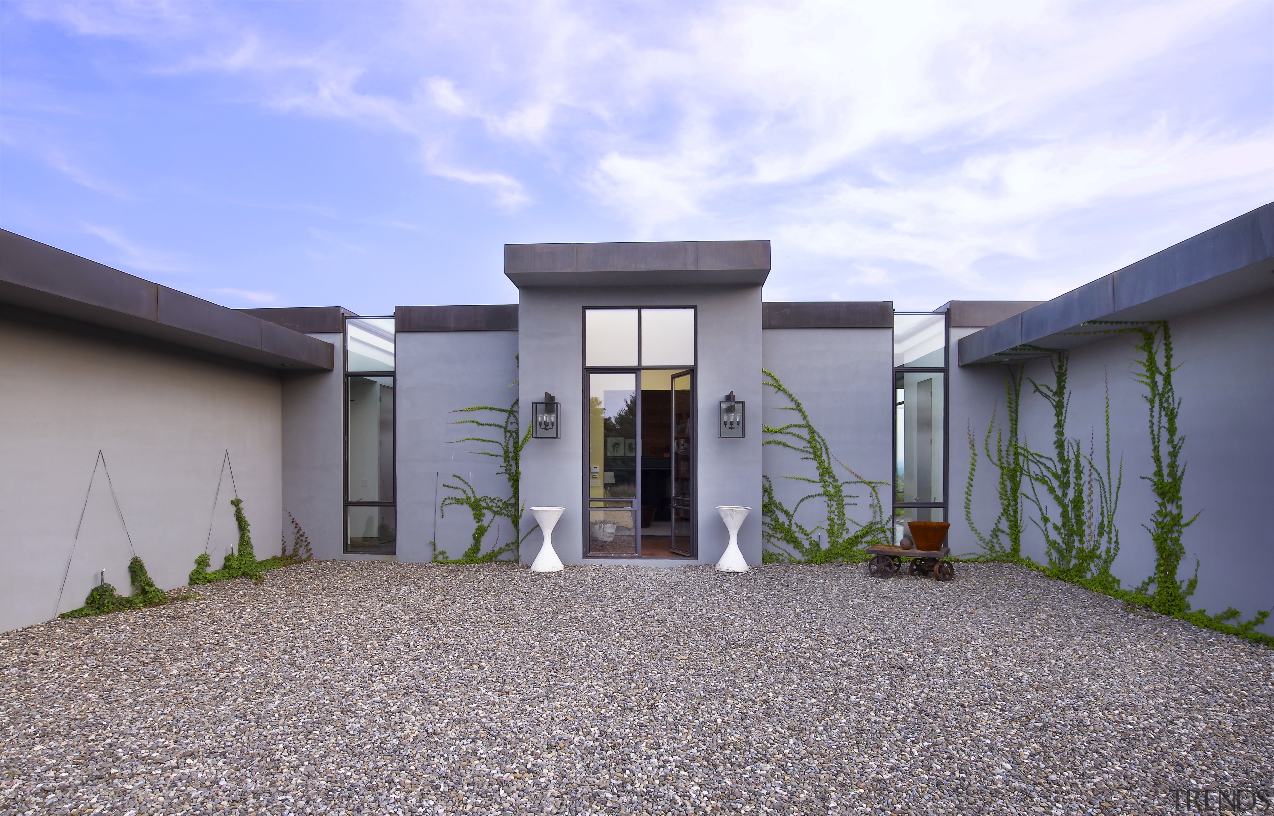 This weekend retreat in the country by interior architecture, courtyard, elevation, estate, facade, home, house, property, real estate, residential area, teal, gray