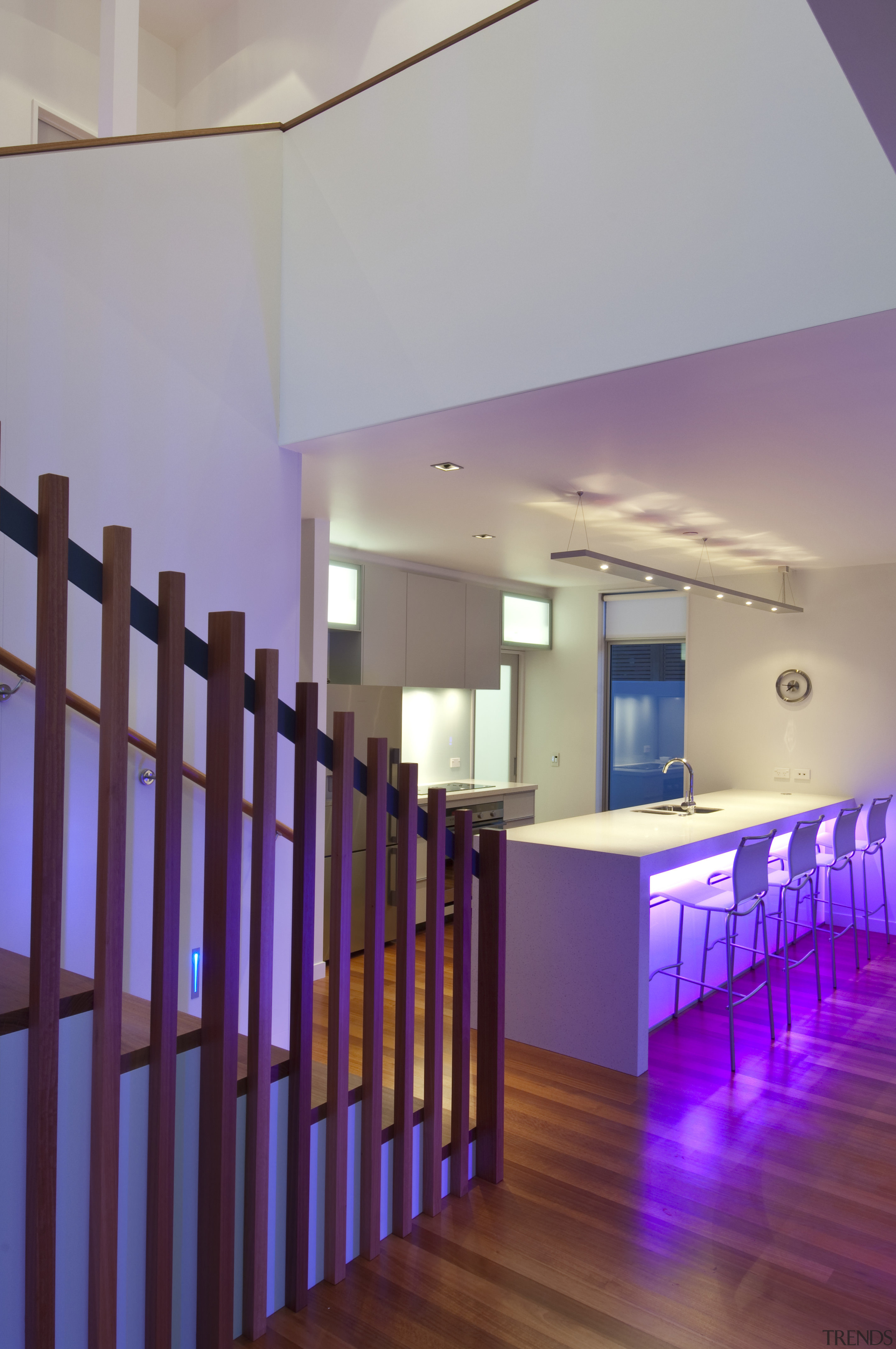 VIew of stairway in contemporary home. - VIew architecture, ceiling, daylighting, floor, flooring, furniture, handrail, interior design, lighting, purple, real estate, stairs, wall, wood, gray