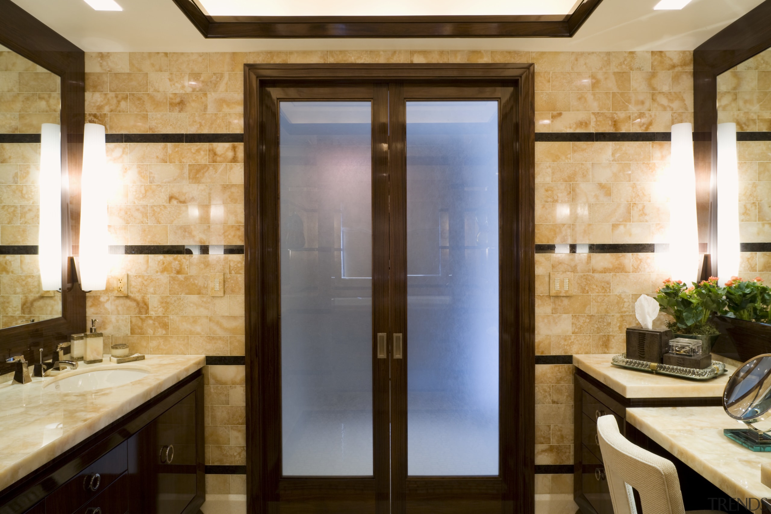 View of the master bathroom which is entered door, interior design, window, brown, orange