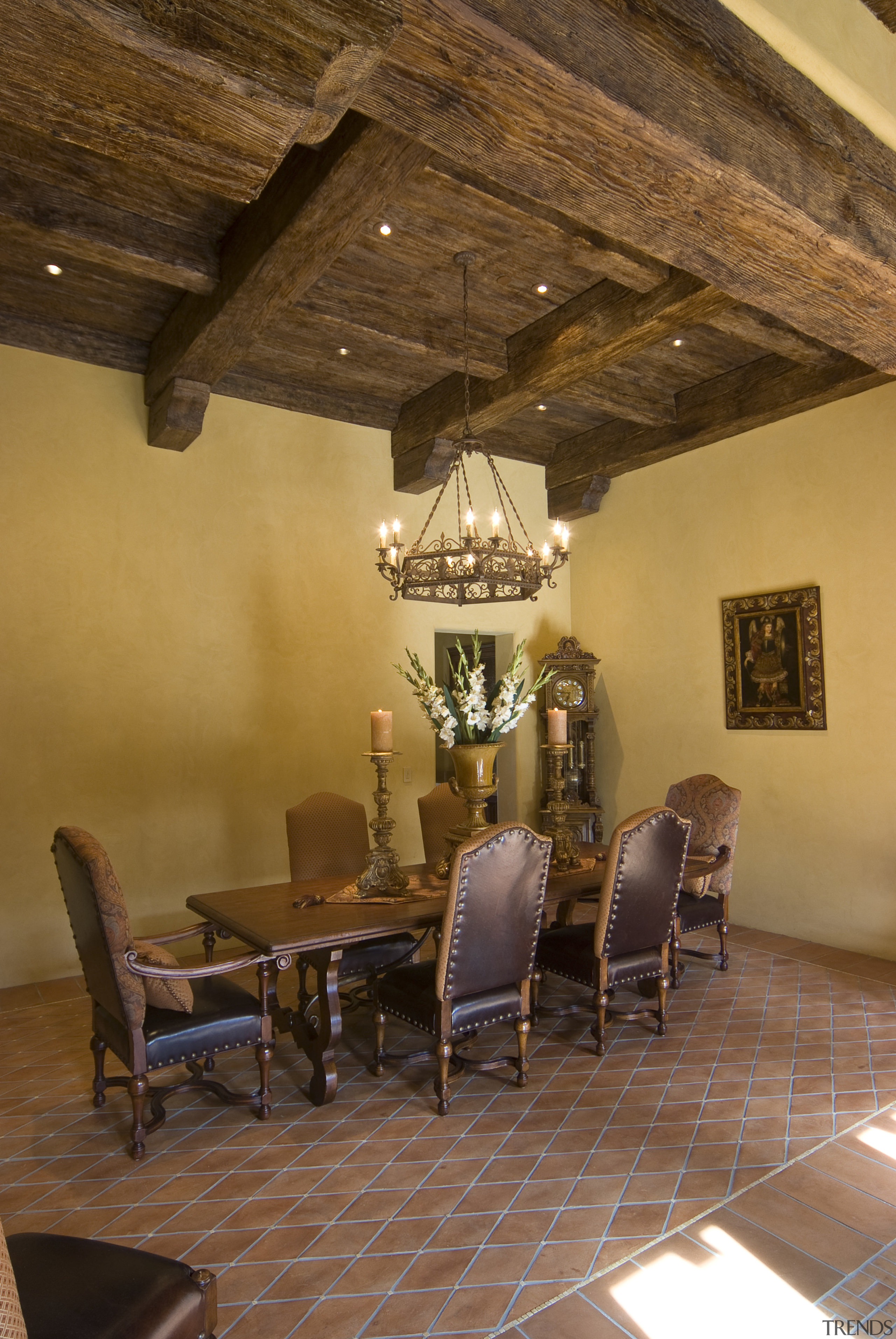 Interior view of the dining area which features beam, ceiling, dining room, estate, floor, flooring, home, interior design, living room, room, table, wall, wood, brown