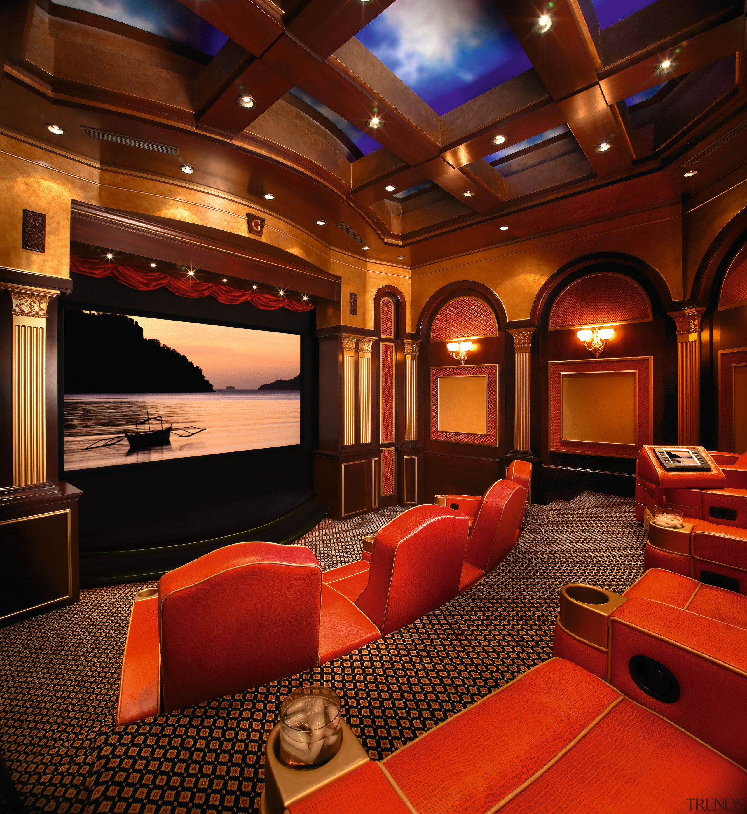 view of this custom home theatre built by auditorium, ceiling, entertainment, interior design, lighting, performing arts center, room, theatre, red