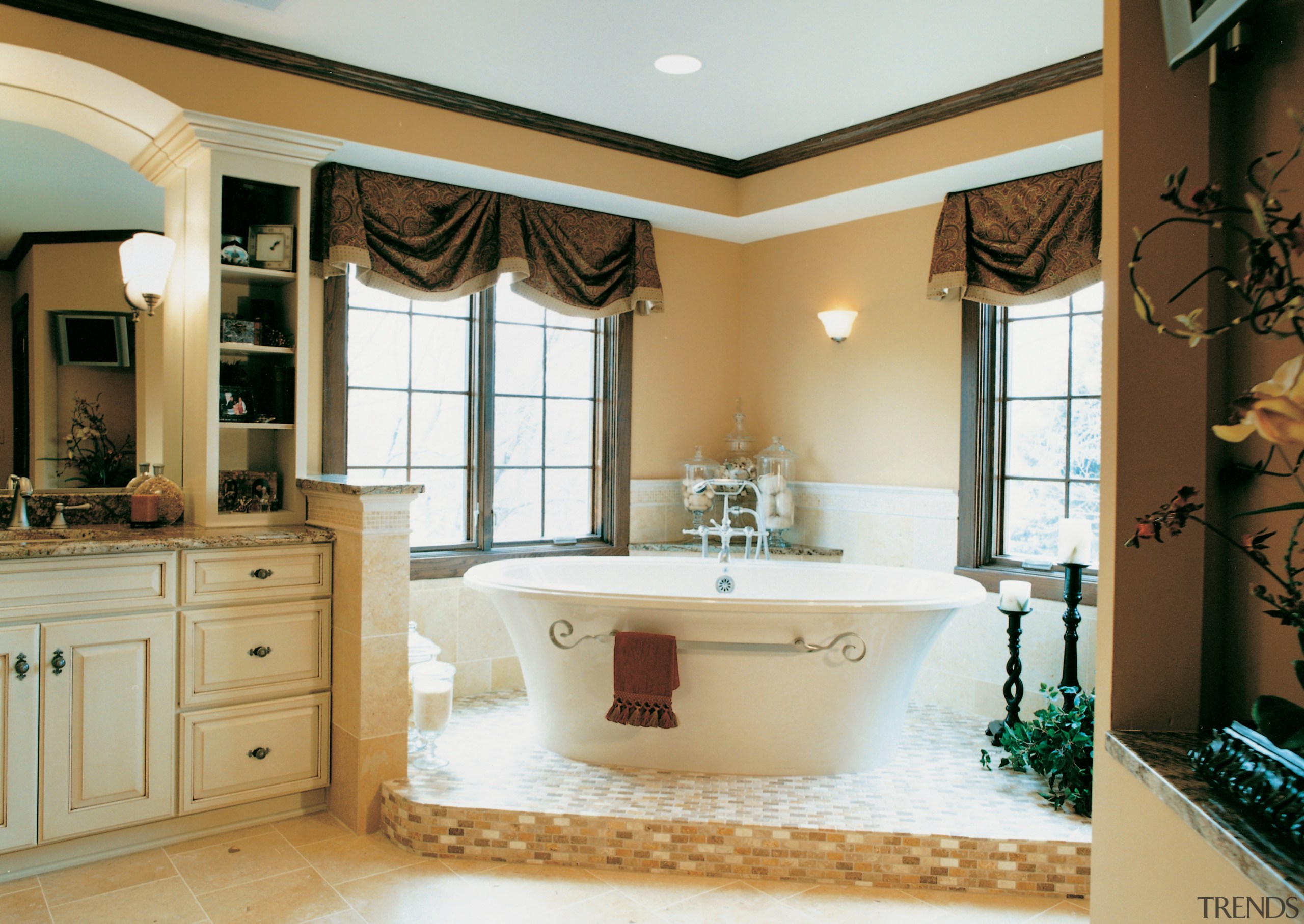 A view of a bathroom designed by Insignia bathroom, bathroom accessory, cabinetry, ceiling, countertop, estate, home, interior design, room, sink, window, orange, white, brown