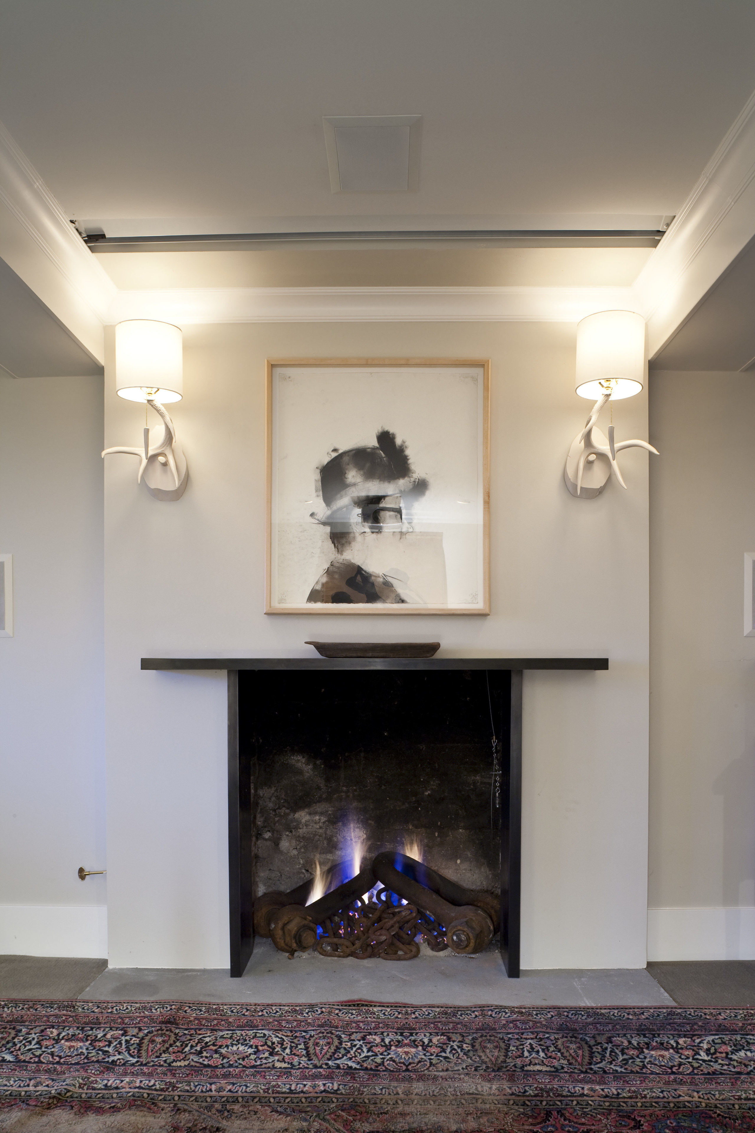 View of living areas and the dining room, ceiling, fireplace, floor, flooring, hearth, home, house, interior design, living room, room, wall, window, gray