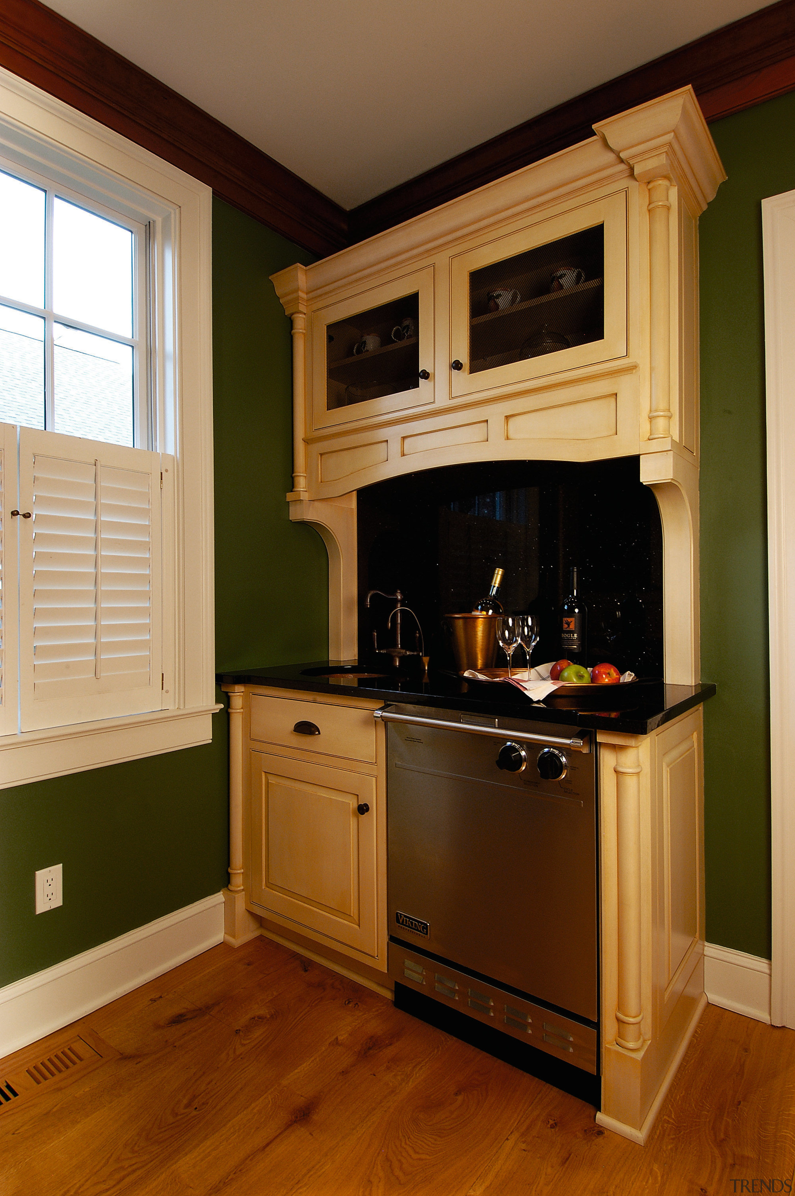 View of a wine tasting area, green and cabinetry, countertop, cuisine classique, floor, flooring, furniture, hardwood, home, home appliance, house, interior design, kitchen, kitchen stove, room, wood, wood flooring, brown