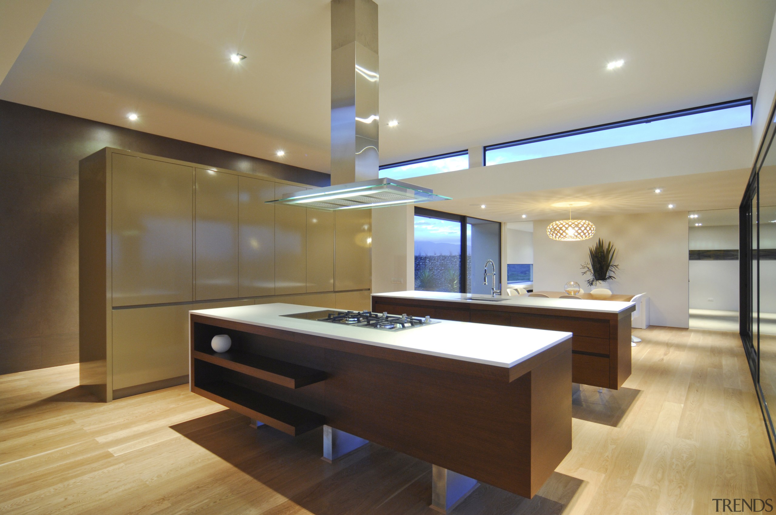 View of open-plan kitchen which is close to billiard room, ceiling, floor, flooring, hardwood, interior design, lighting, pool, real estate, recreation room, room, table, wood, brown, gray