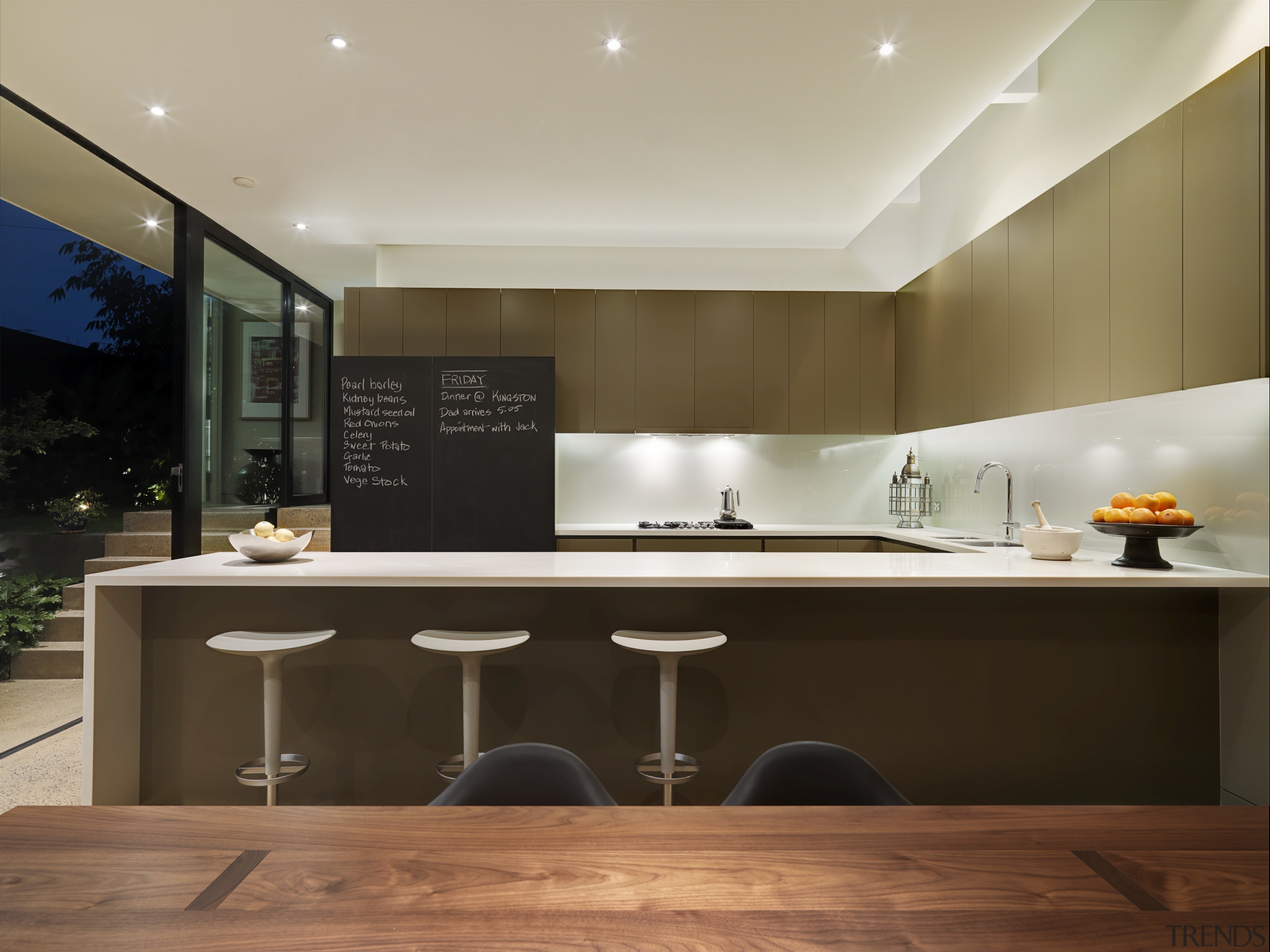 View of a renovated kitchen which features a architecture, cabinetry, ceiling, countertop, interior design, kitchen, under cabinet lighting, brown, gray