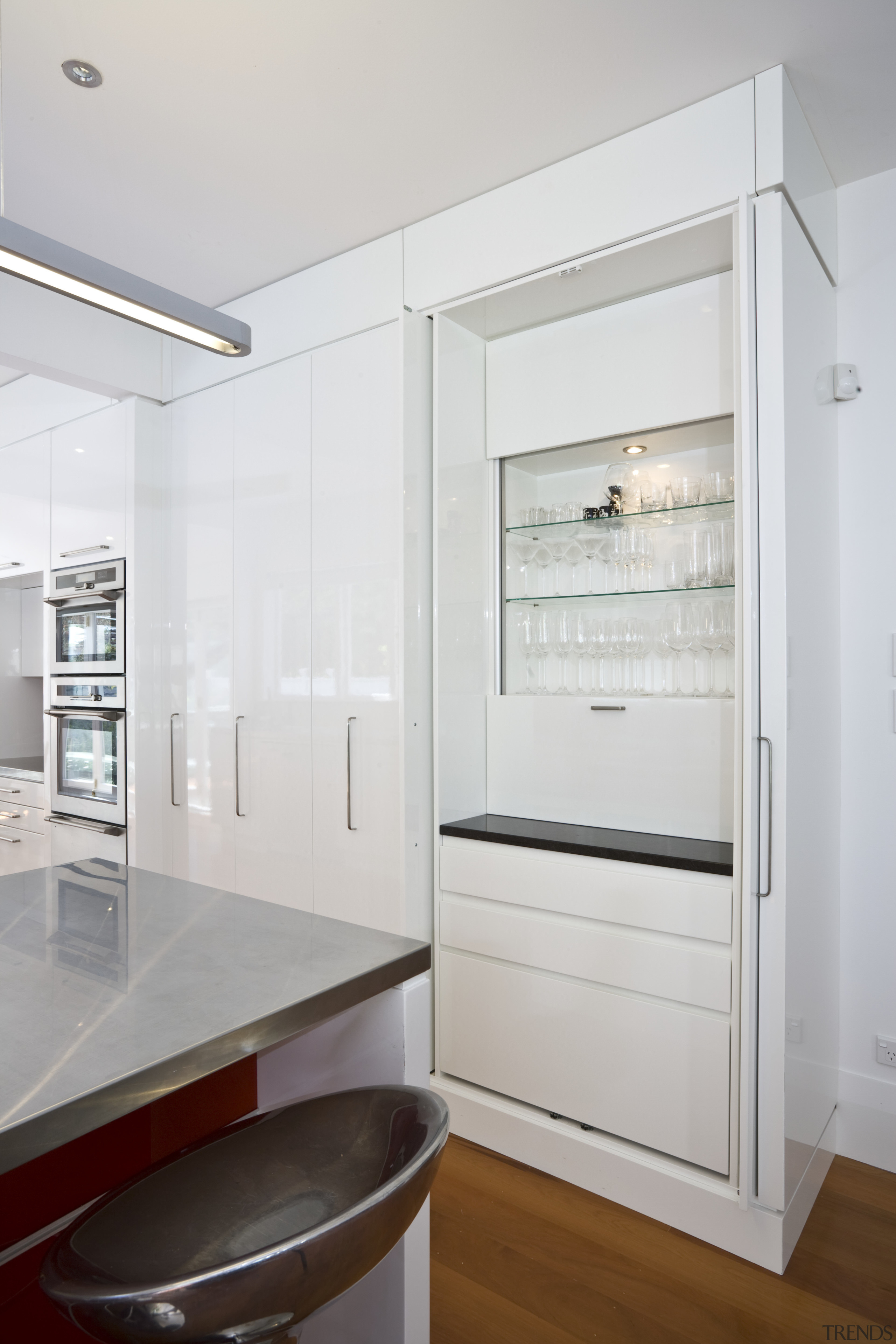 view of a kitchen designed and manufactured by cabinetry, countertop, home appliance, interior design, kitchen, major appliance, refrigerator, room, gray, white