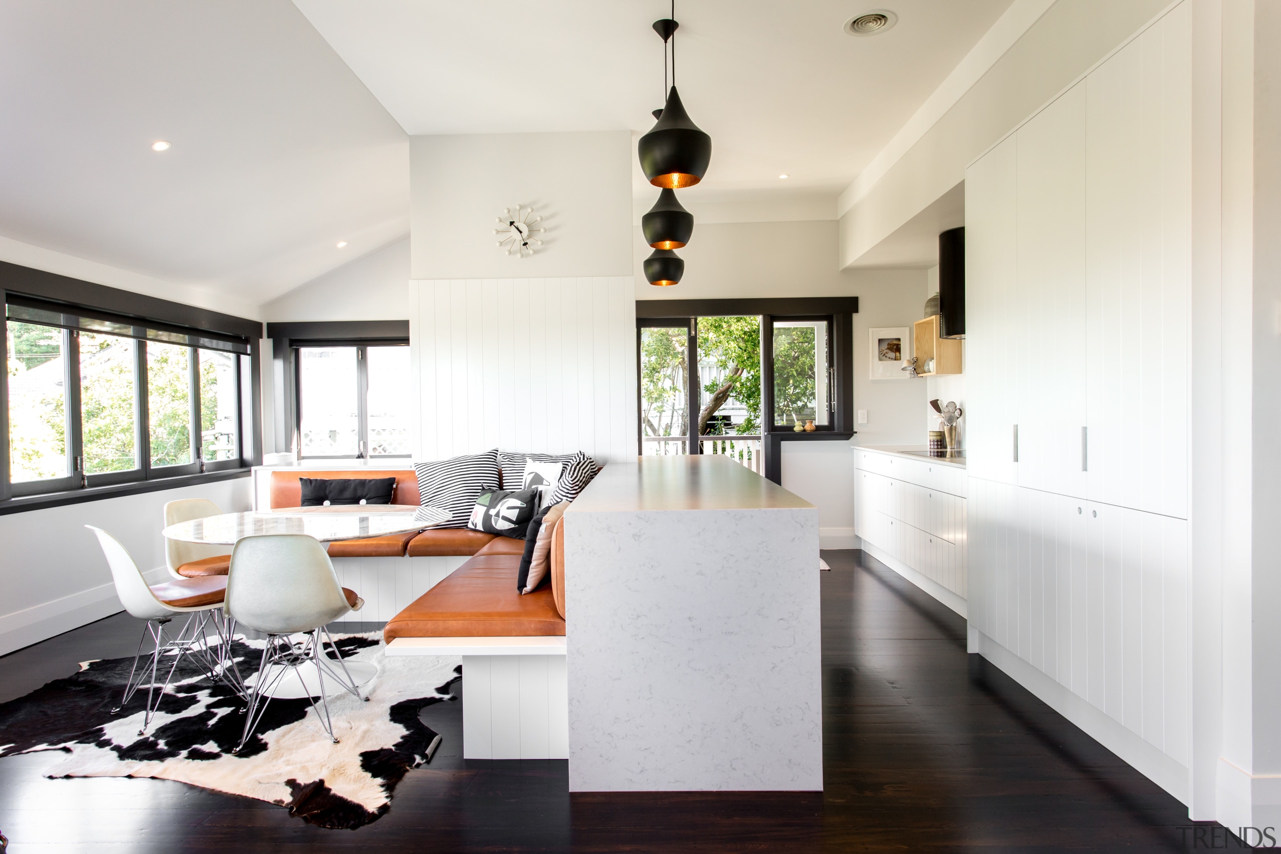 Above: Yellowfox designed this kitchen, dining and living architecture, ceiling, floor, home, house, interior design, living room, property, real estate, white