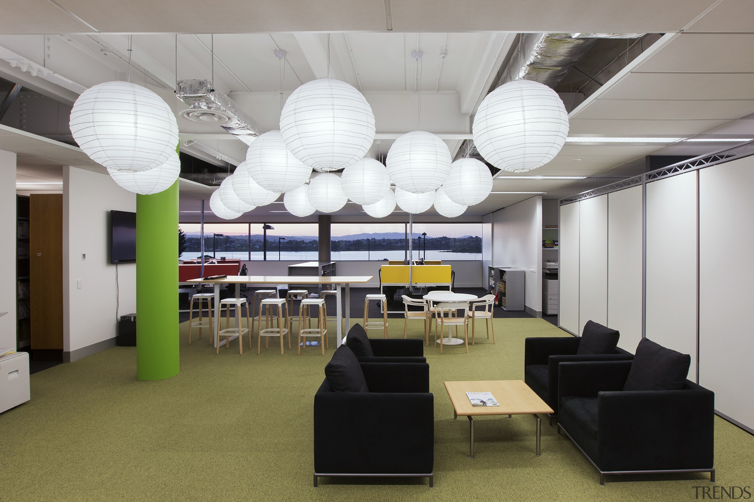 Future proofing is a feature of ANZ Tauranga, ceiling, interior design, lobby, office, product design, gray