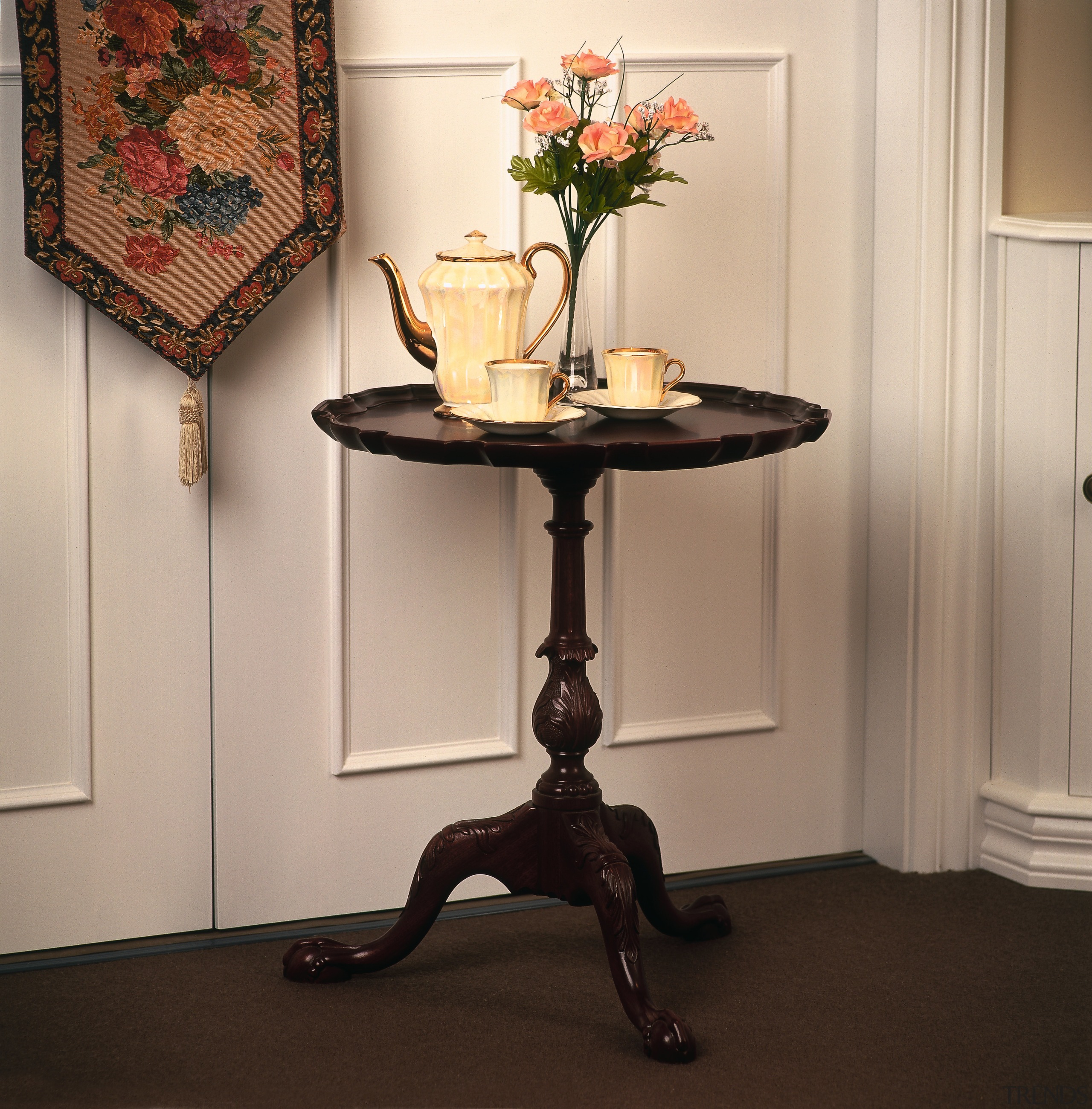 Mahogany Chippendale occasional table with round top and end table, furniture, table, orange, black