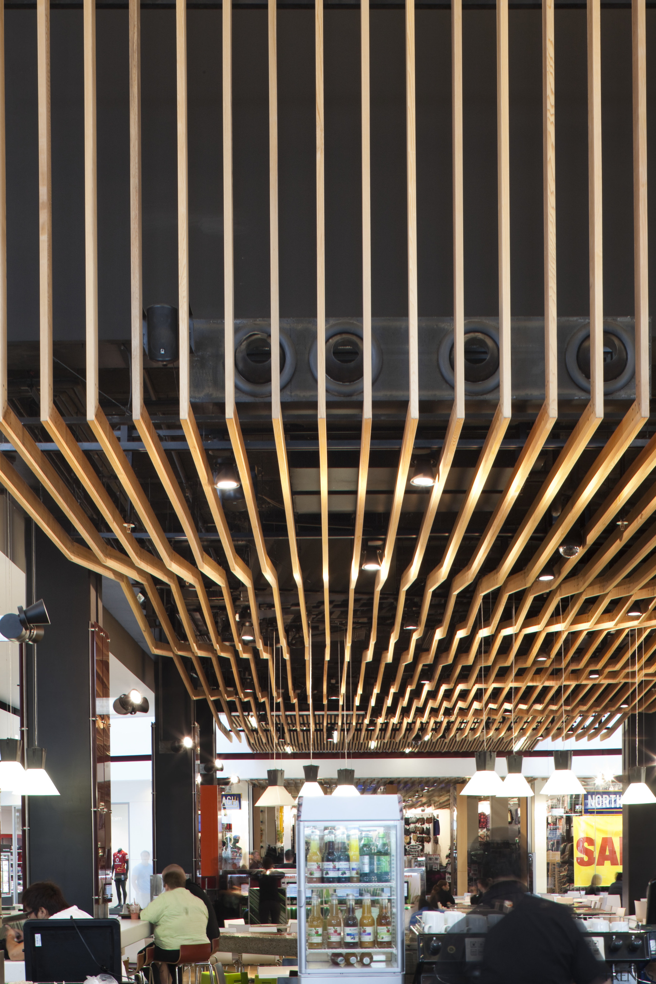 View of ceiling detail with fans in food ceiling, black