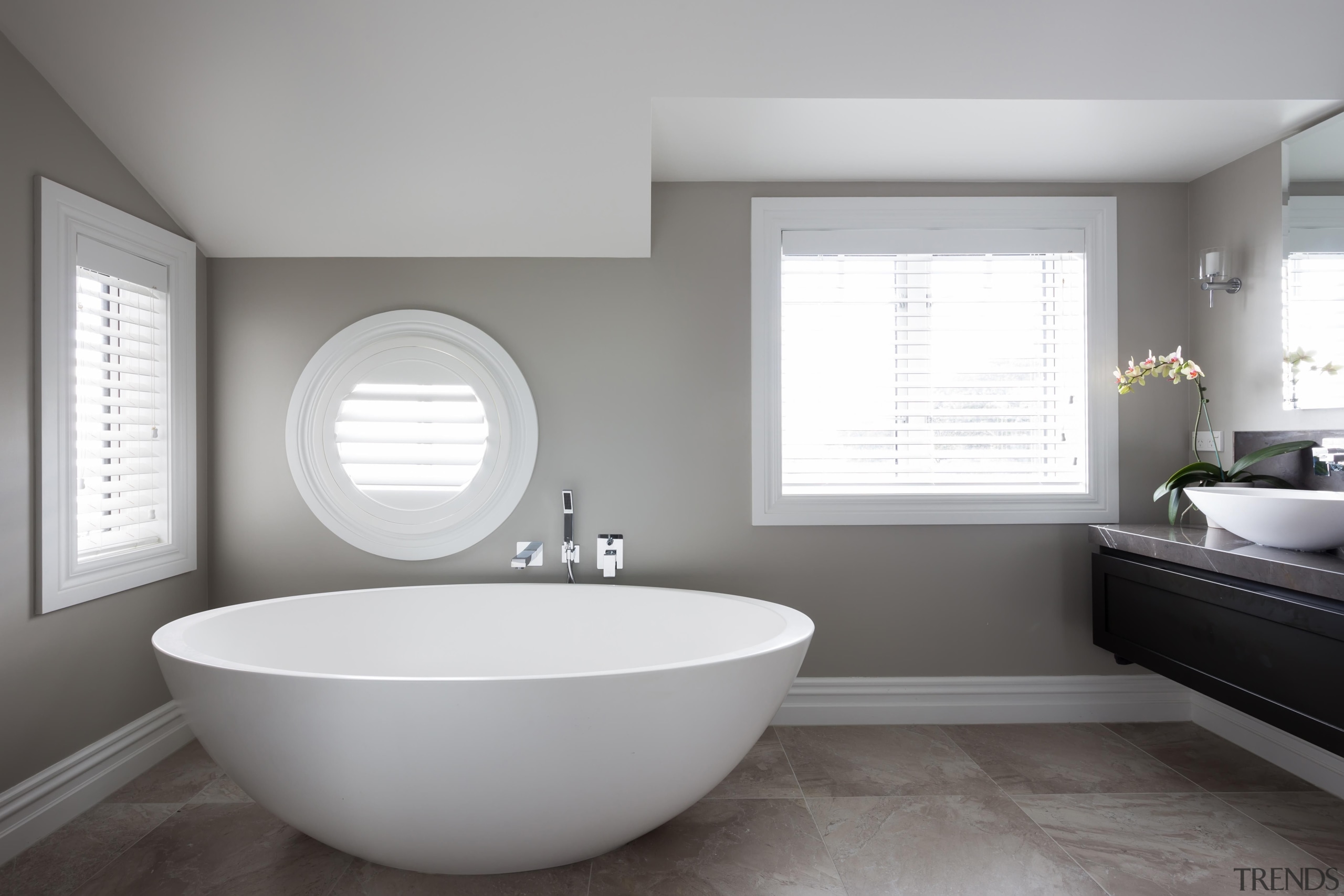 25 bathroom after - Bathroom After - bathroom bathroom, bathroom accessory, bathroom sink, floor, home, interior design, plumbing fixture, product design, room, sink, tap, window, gray