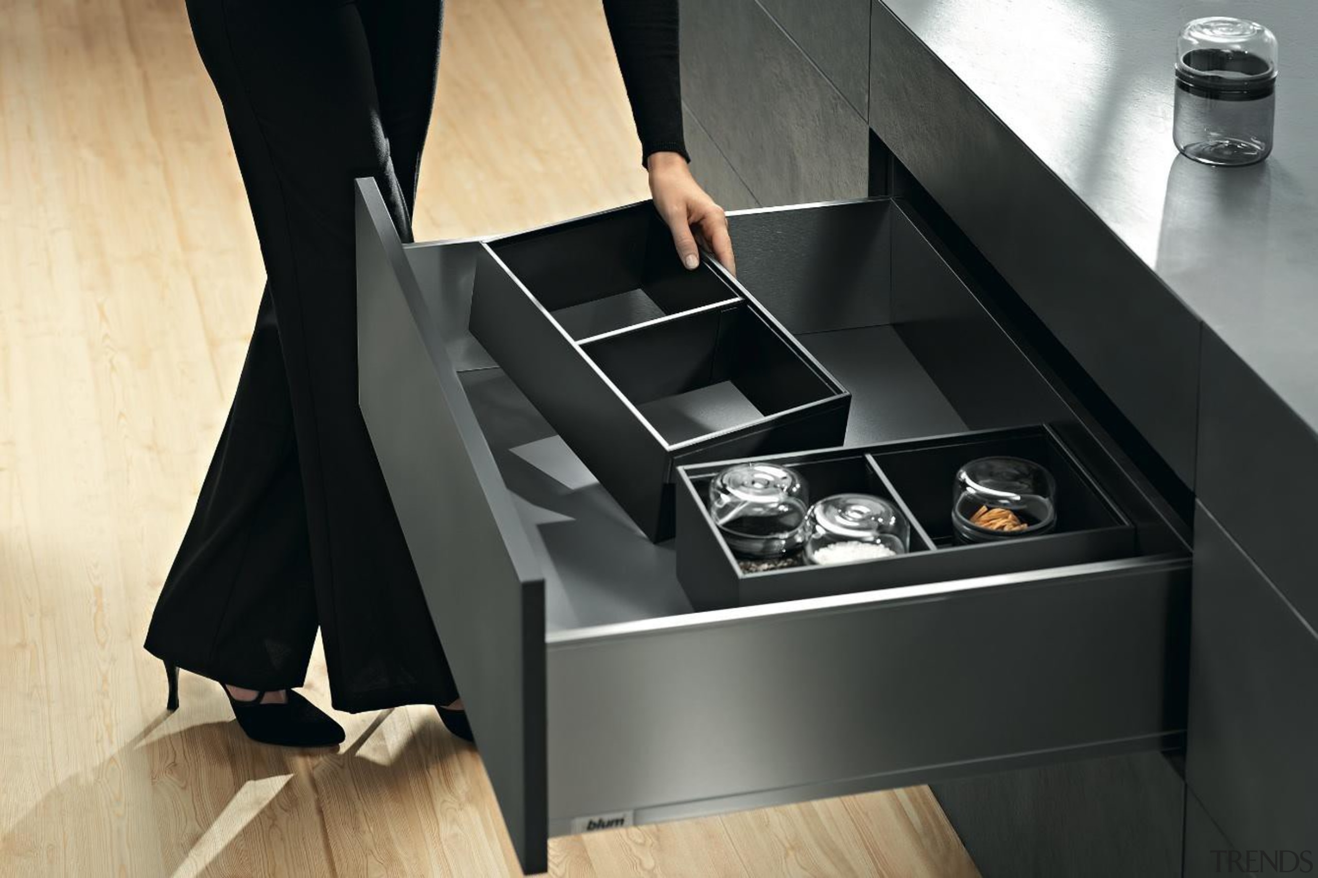 The new Legrabox drawer system from Blum boasts angle, desk, floor, furniture, product, sink, table, black