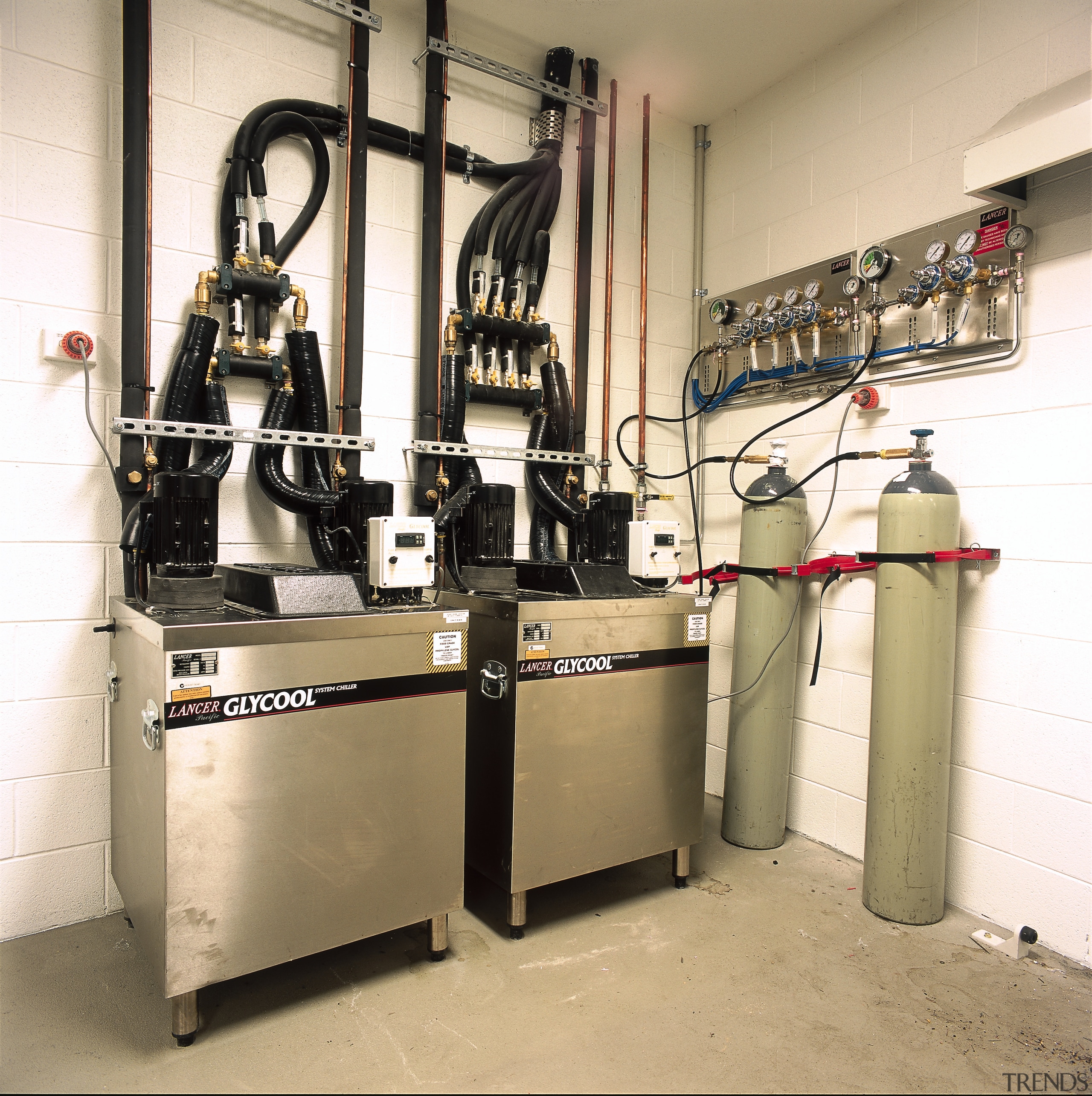 Room with glycol cooling tanks for hospitality areas. machine, white