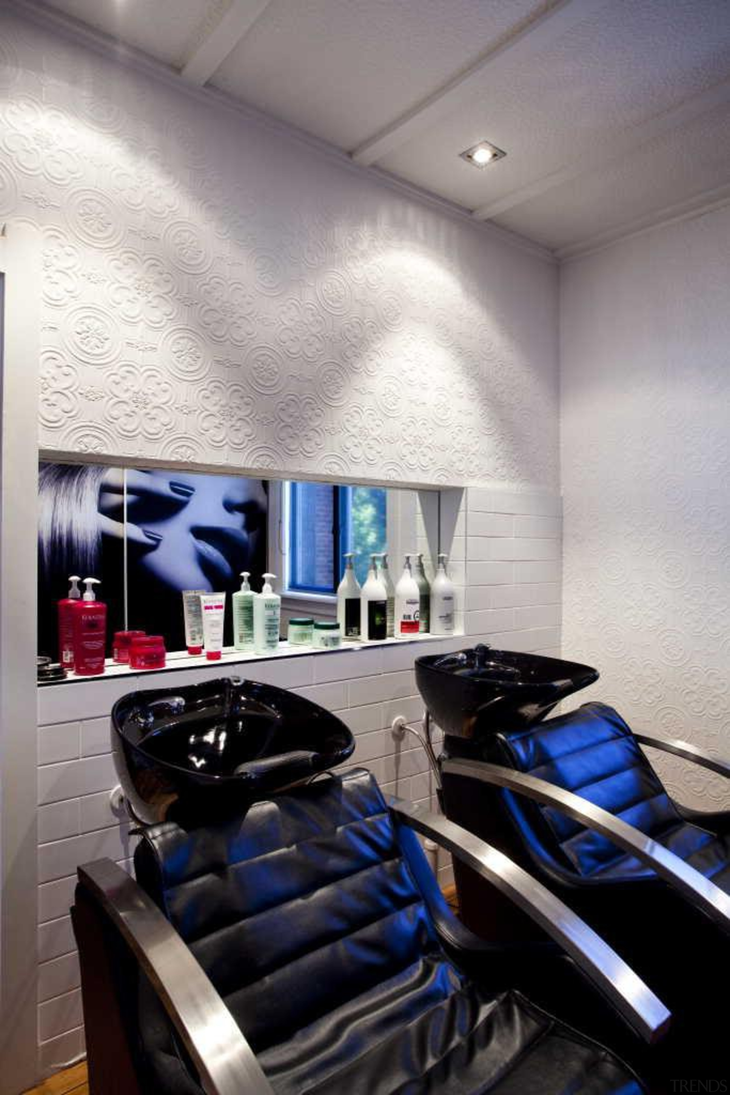 Salon interior design with black leather seats - ceiling, interior design, room, gray