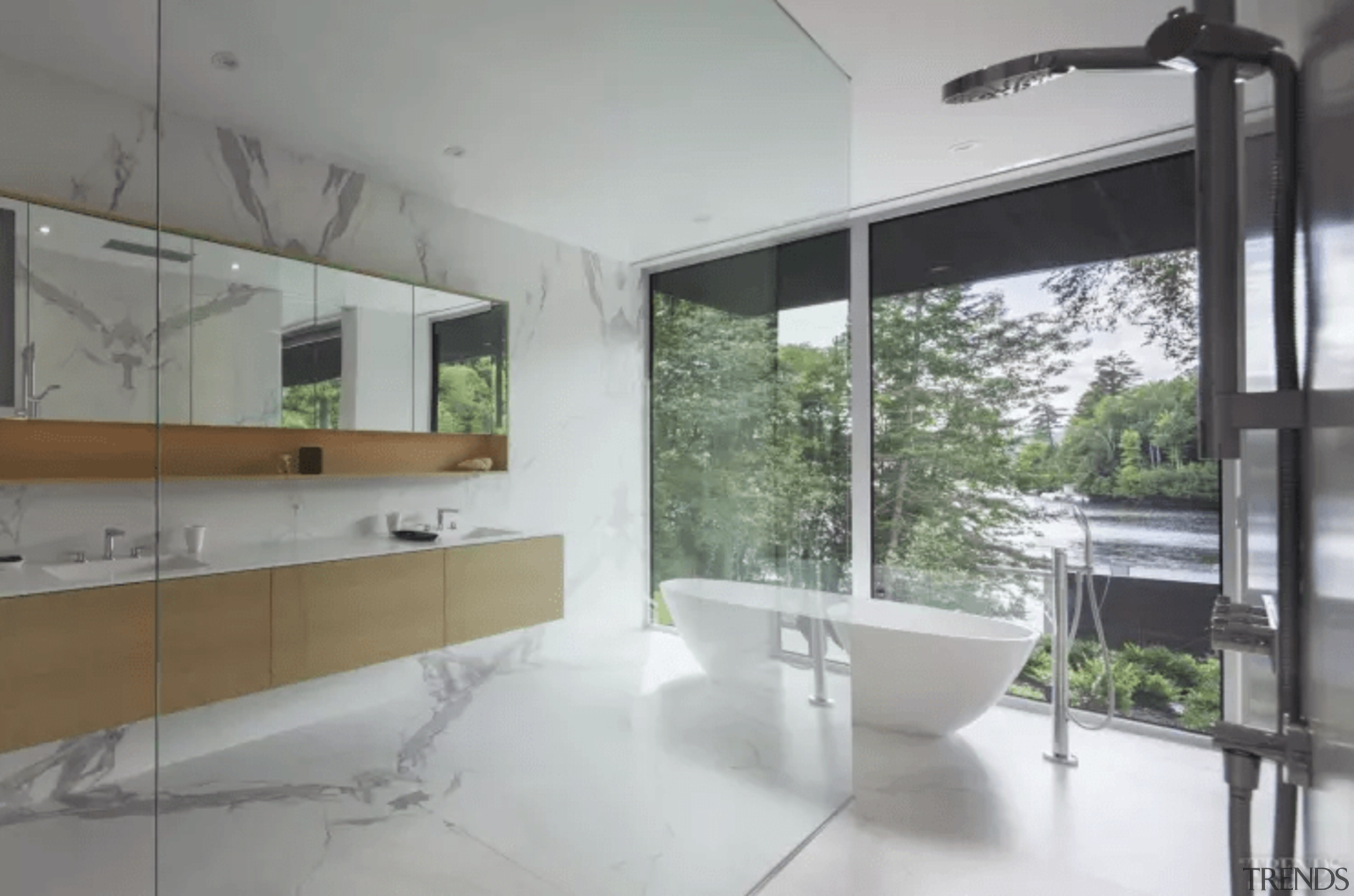 Full-height glazing in this contemporary master suite ensures architecture, bathroom, home, house, interior design, property, real estate, window, gray