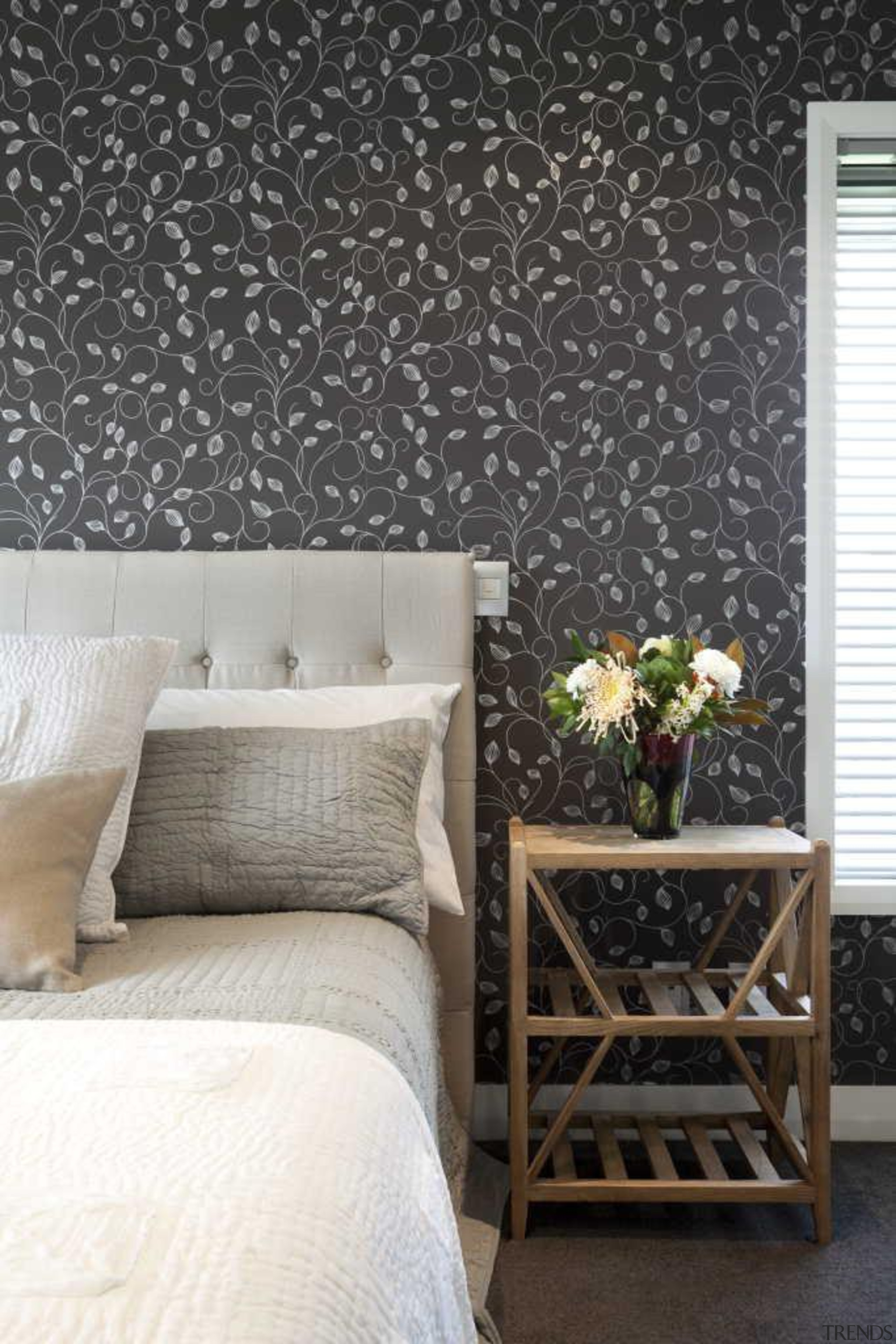 Bedroom with dark wallpaper, white linen, and a bed frame, bedroom, furniture, home, interior design, living room, room, wall, wallpaper, black, white