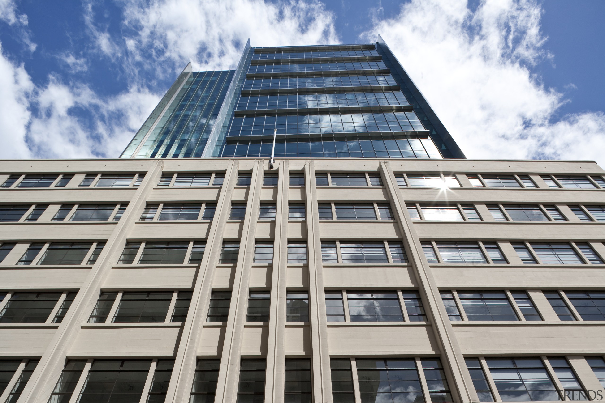 View of the Deloitte Centre at 80 Queen apartment, architecture, building, commercial building, condominium, corporate headquarters, daytime, facade, headquarters, landmark, metropolis, metropolitan area, mixed use, real estate, residential area, sky, skyscraper, tower block, urban area, window, gray