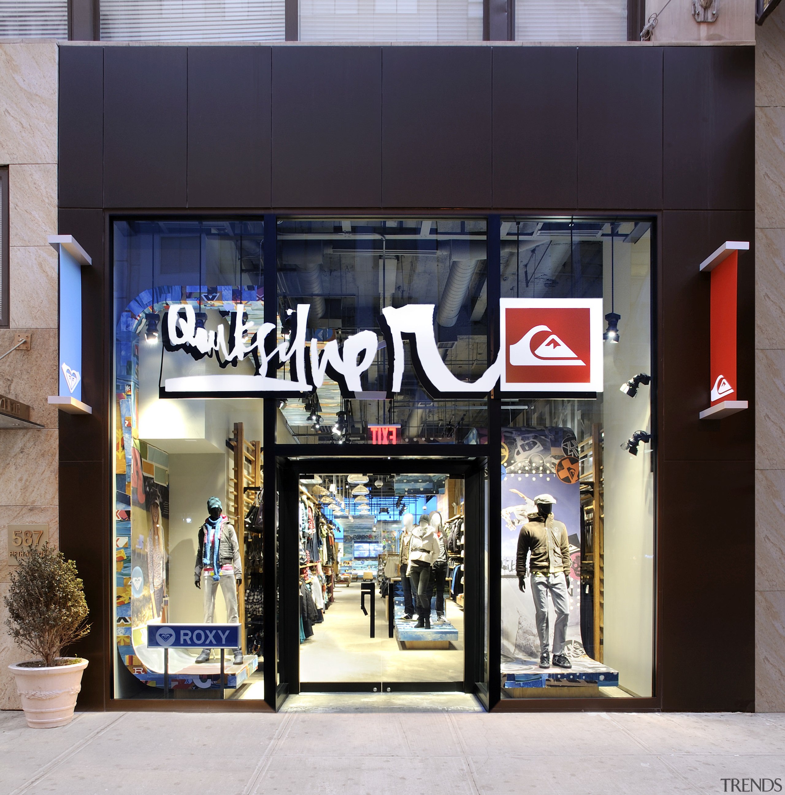 View of the front entrance to the Quicksilver building, display window, retail, technology, black