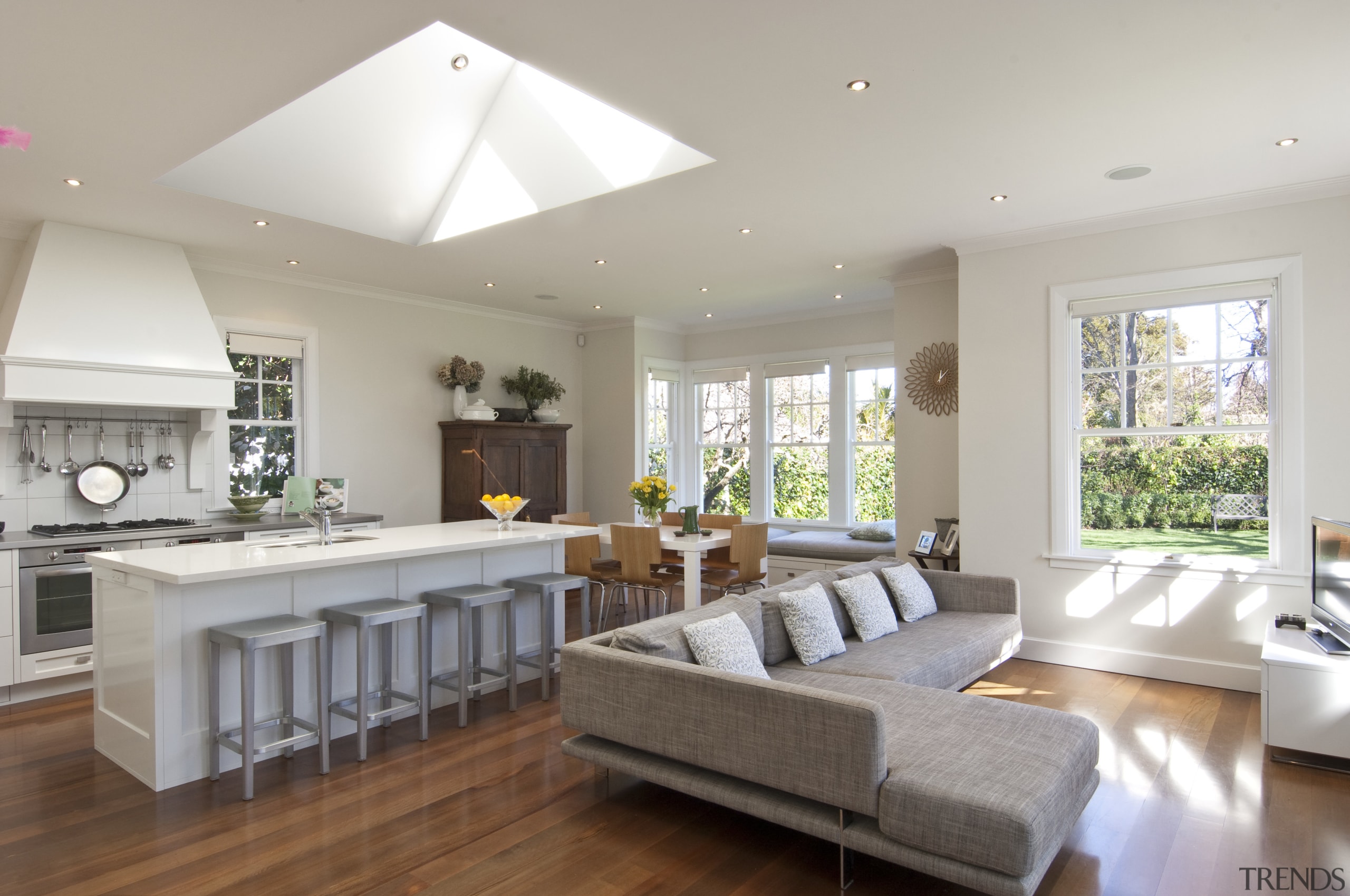 View of the extension to this 1930s home ceiling, estate, floor, flooring, home, house, interior design, living room, property, real estate, room, window, gray