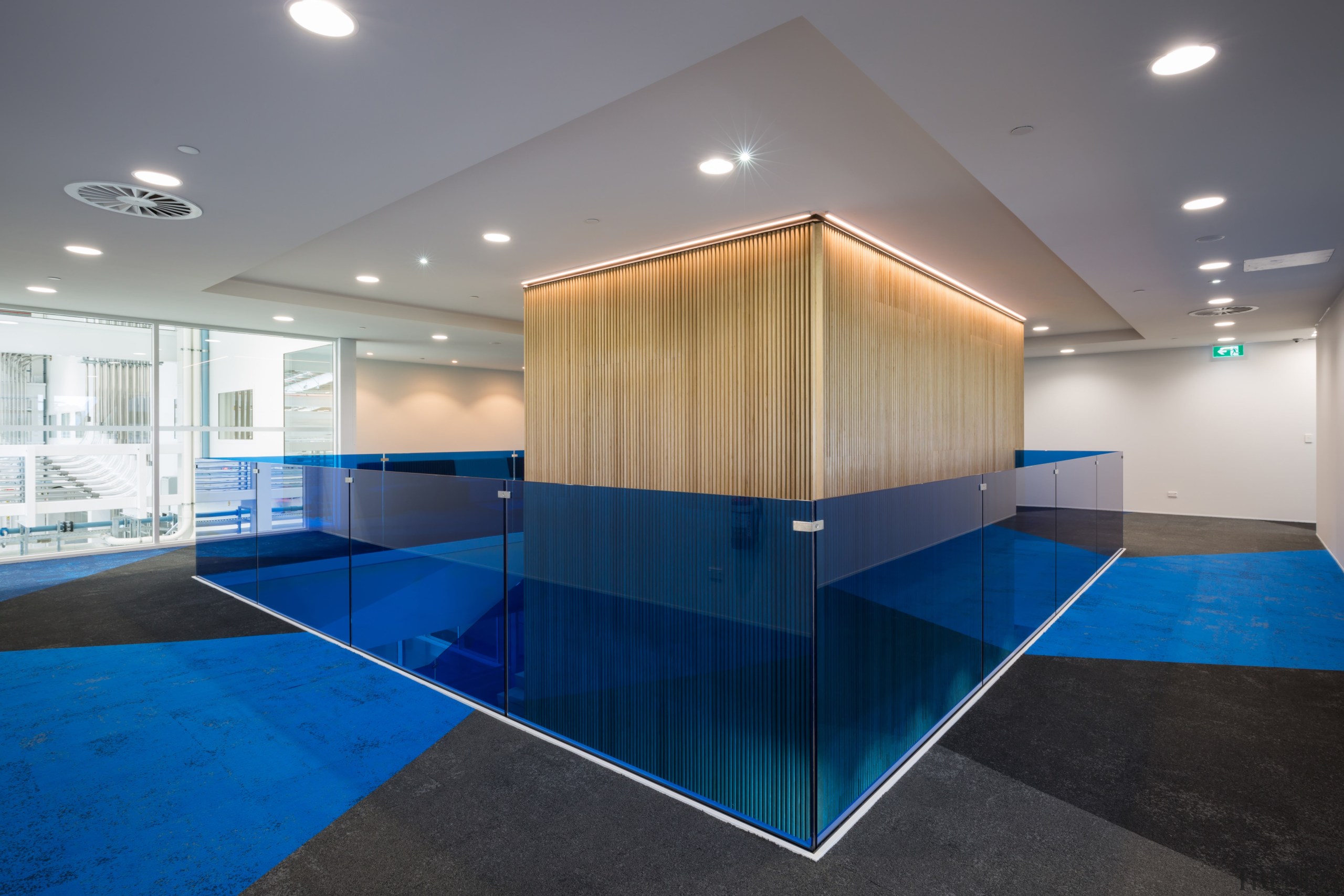 Fenced in low walls of blue perspex, the architecture, ceiling, daylighting, floor, flooring, glass, house, interior design, real estate, gray, blue