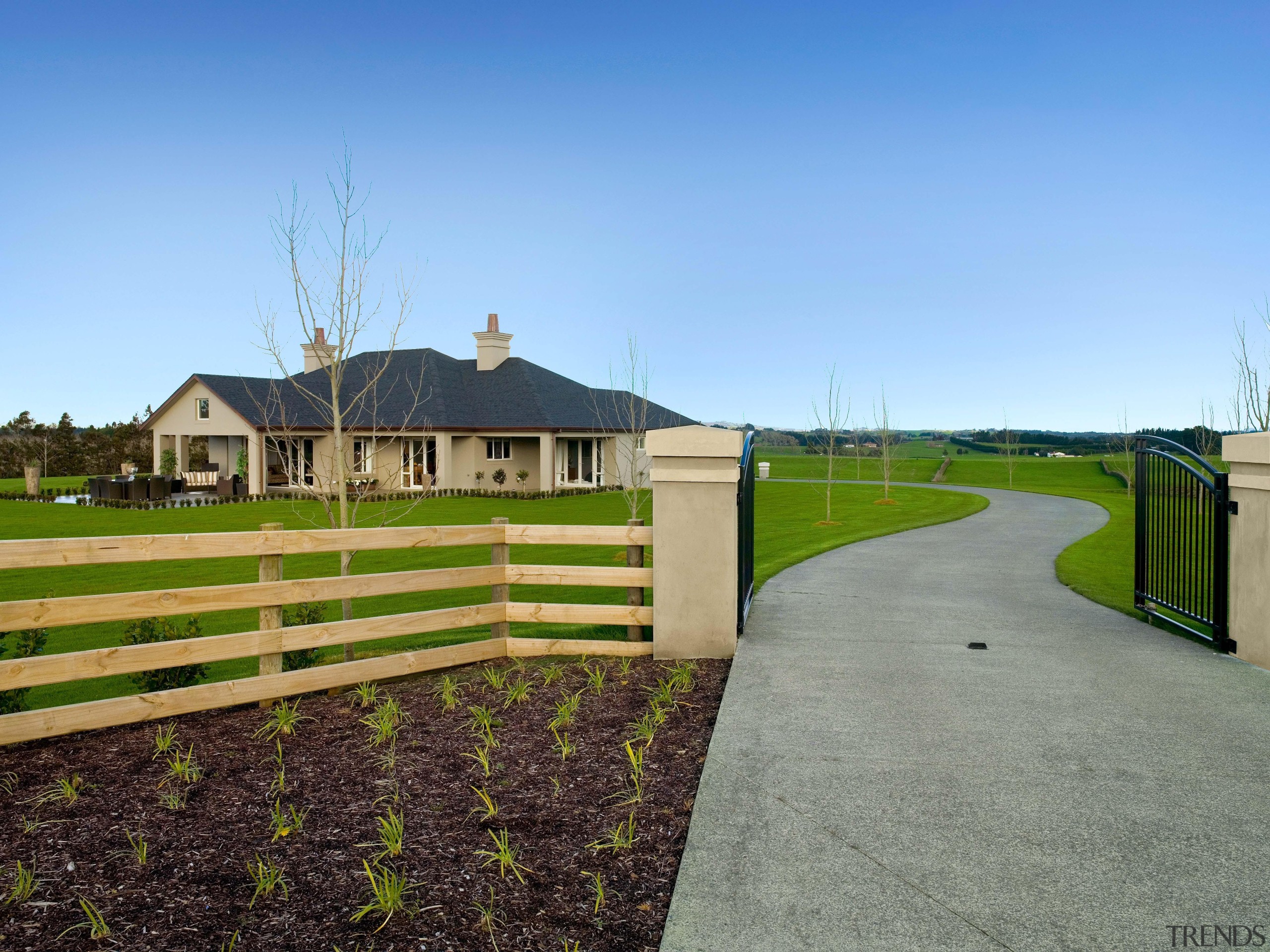 b0011p 0036a - b0011p_0036a - estate | farm estate, farm, fence, field, grass, home, house, land lot, landscape, lawn, outdoor structure, pasture, property, real estate, residential area, rural area, sky, walkway, teal