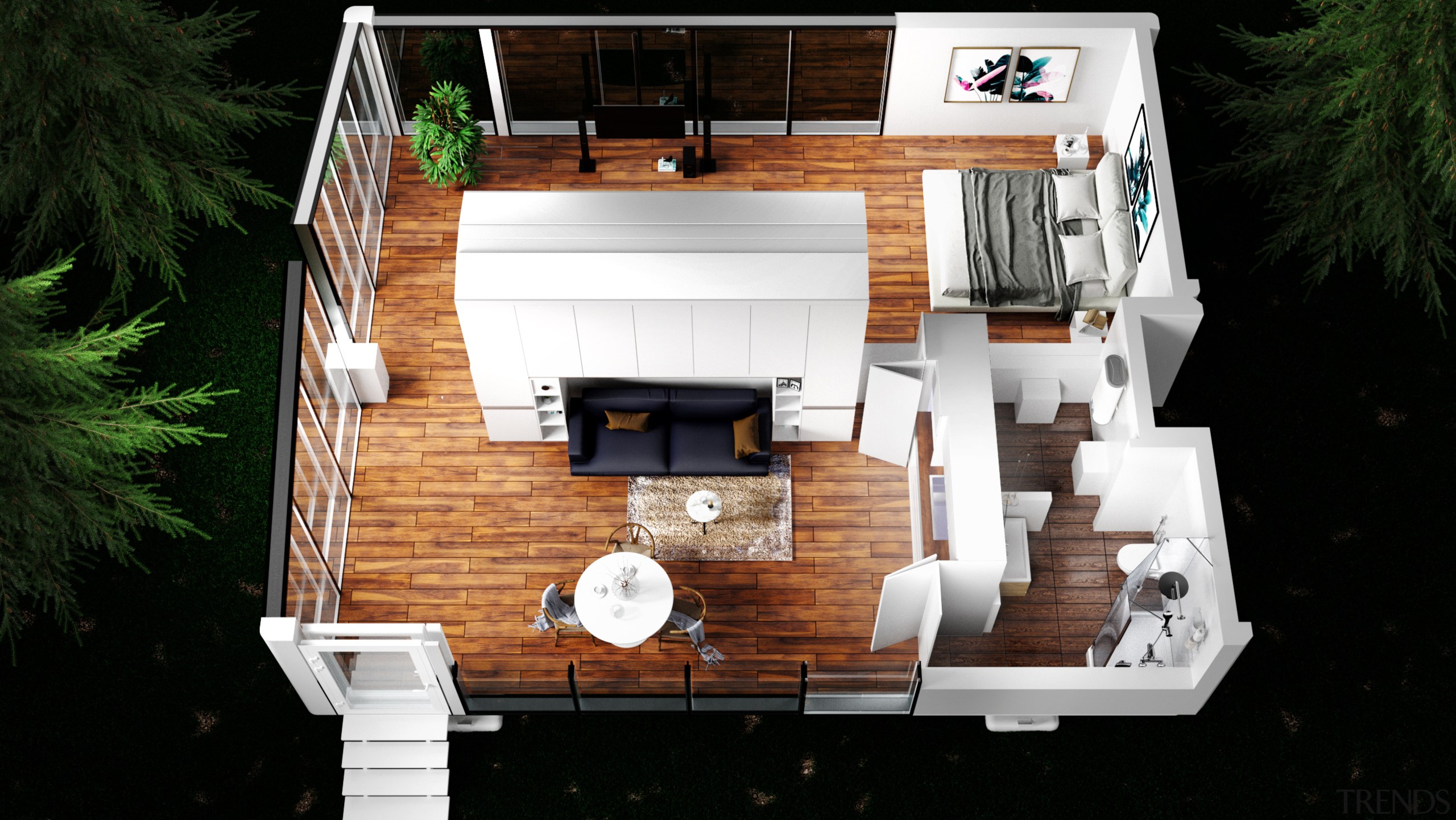 The living room in the larger, family-sized version architecture, backyard, building, design, floor, floor plan, flooring, home, house, interior design, log cabin, property, real estate, room, scale model, black