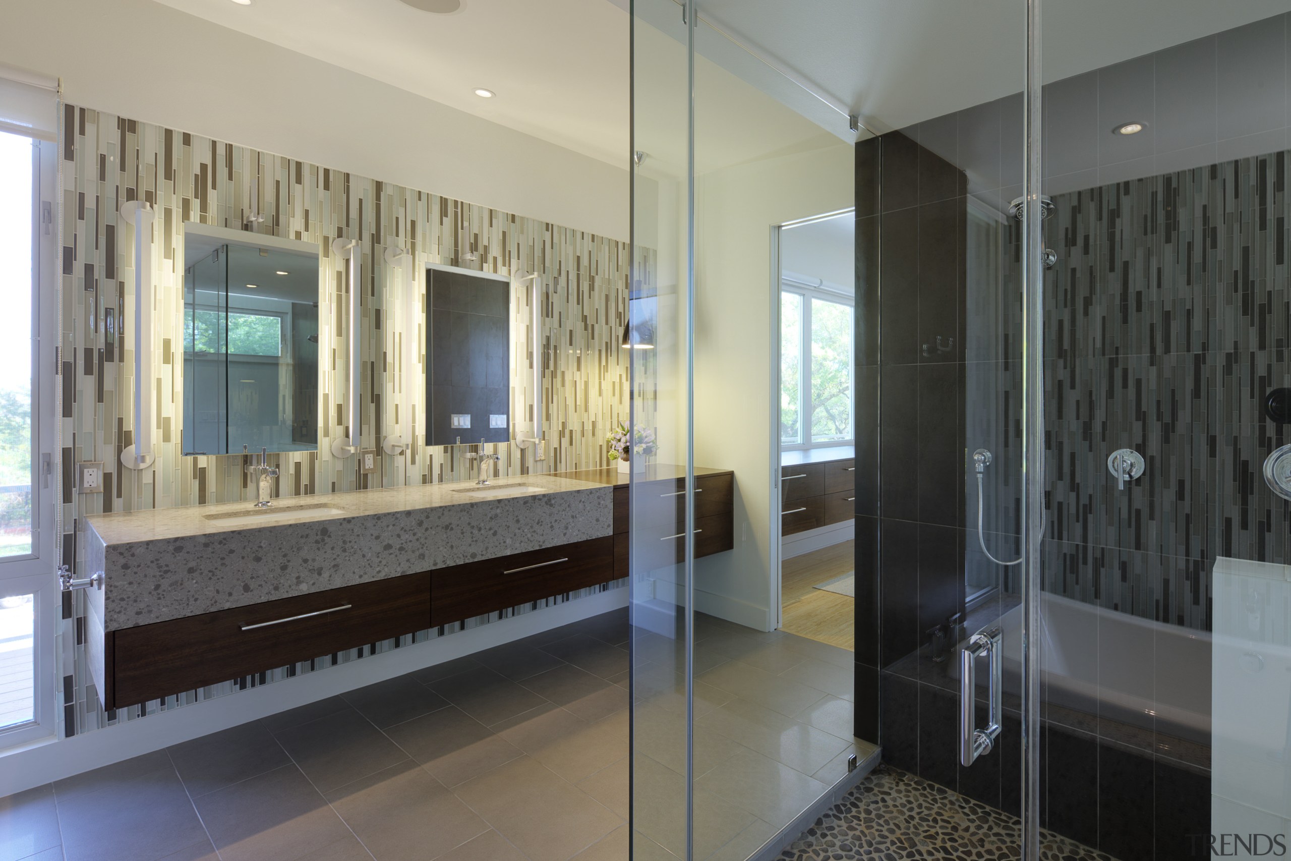 View of bathroom with tile wall feature and glass, interior design, room, window, gray, black