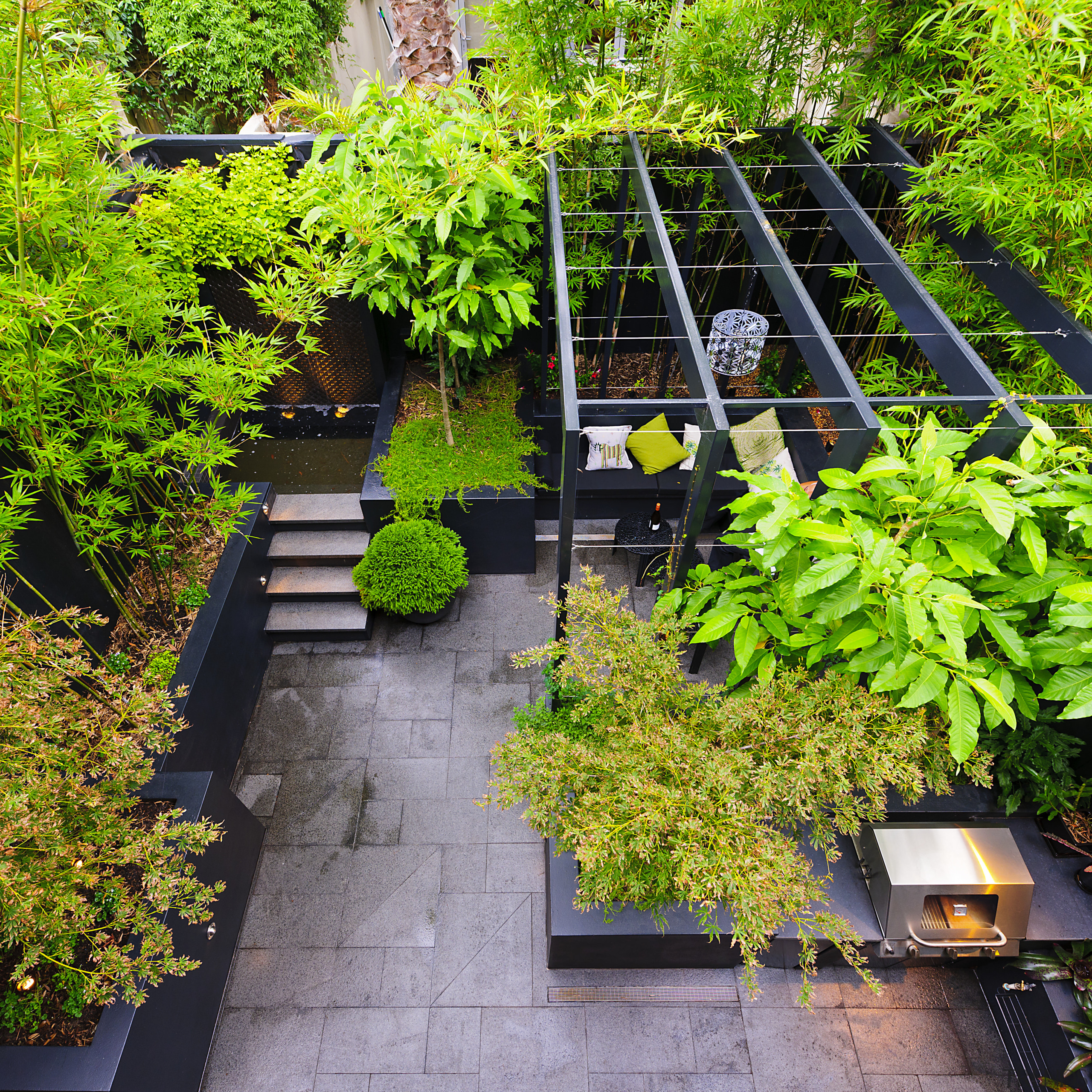 Dark finishings contrast with the various plants in backyard, courtyard, garden, grass, landscape, landscaping, leaf, plant, tree, walkway, yard, green