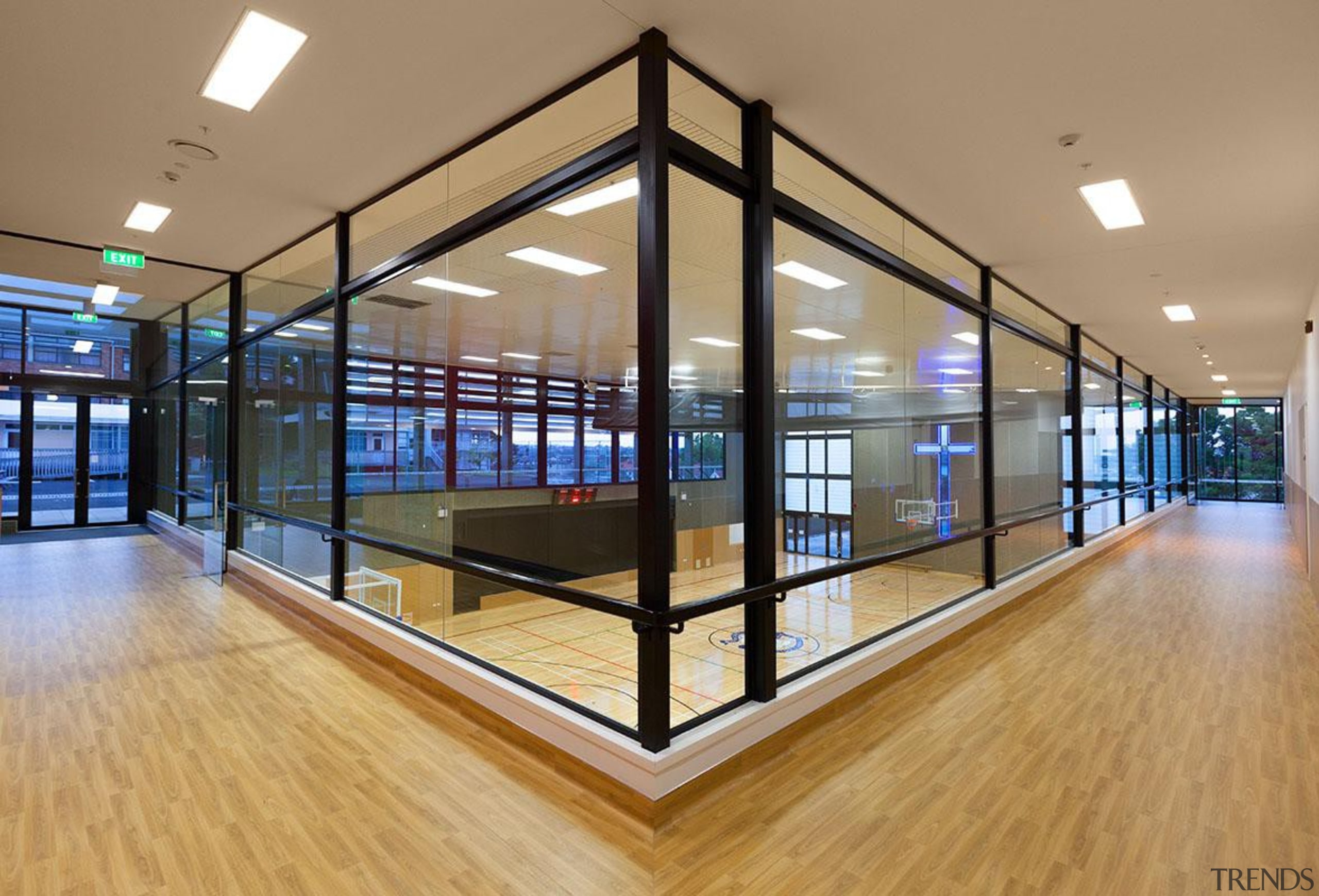 EXCELLENCE AWARDPaul Keane Gymnasium St Marys College Auckland daylighting, floor, flooring, glass, interior design, lobby, property, real estate, window, orange, brown