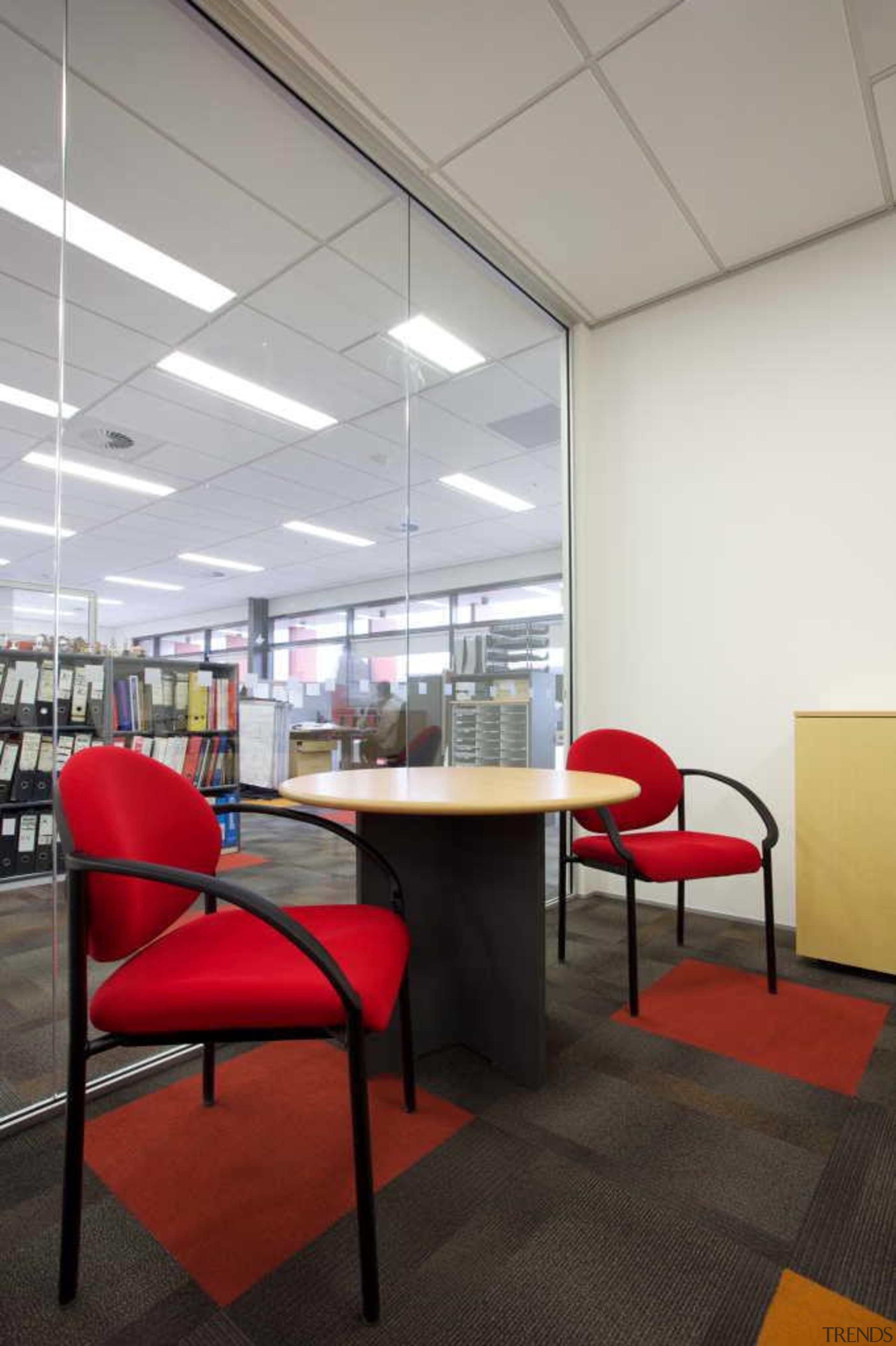 OfficeMax provides a comprehensive furniture solution, a full architecture, ceiling, chair, daylighting, floor, furniture, interior design, office, product design, table, wall, gray
